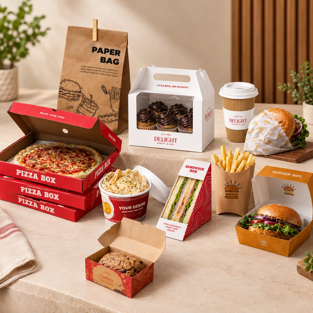 Colourful custom printed food packaging arranged on a table