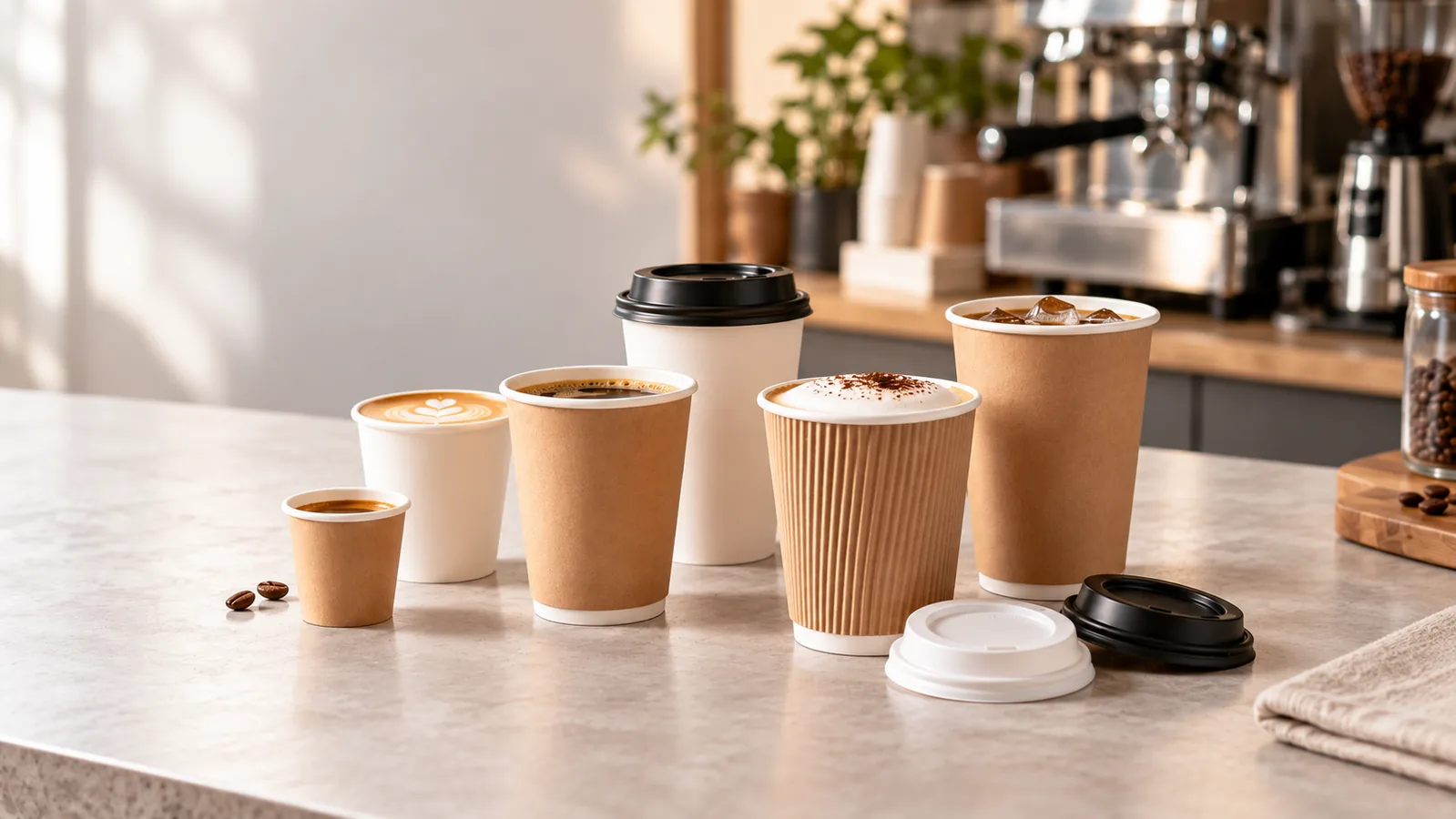 Single and double wall paper cups arranged in a café