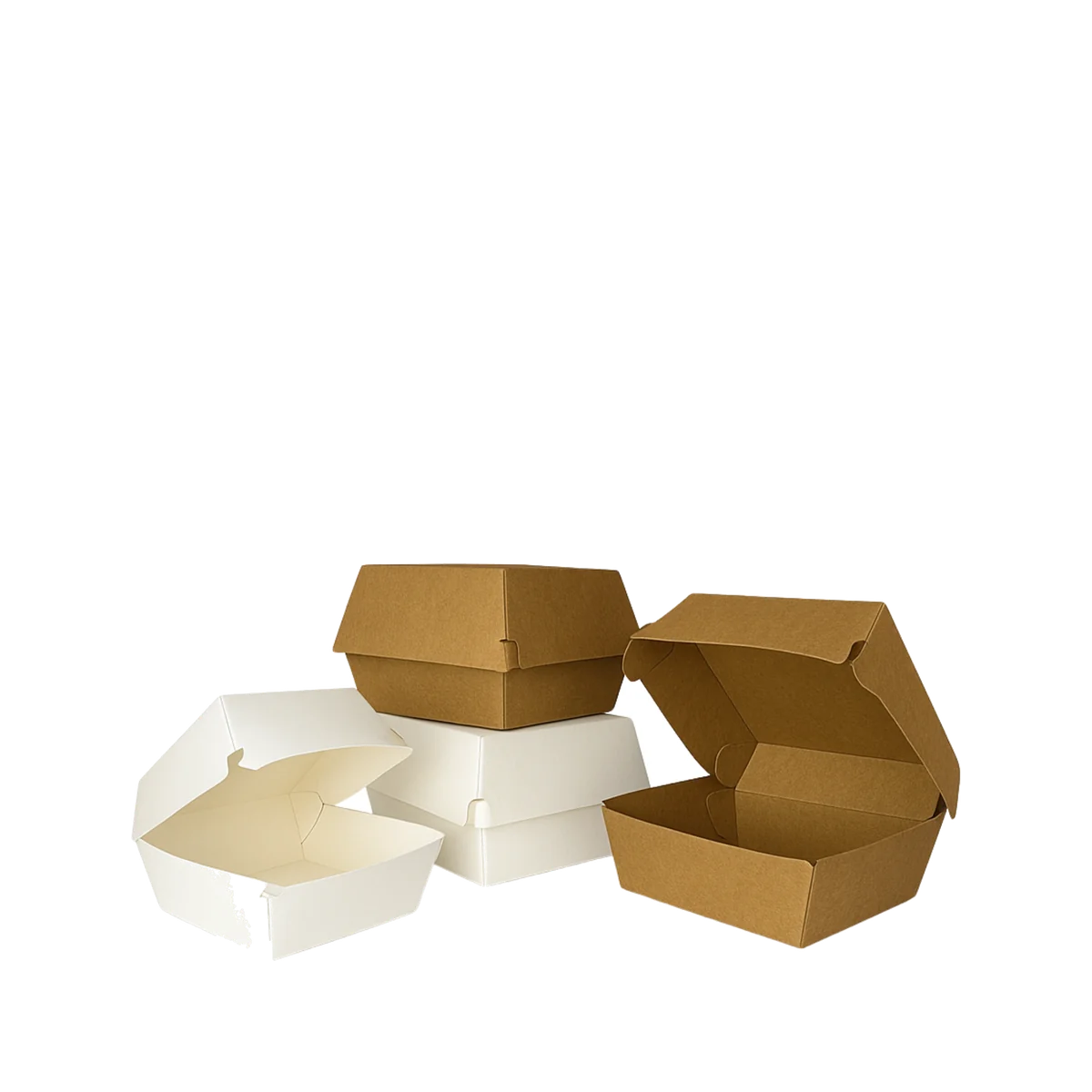 White and kraft burger clamshell boxes