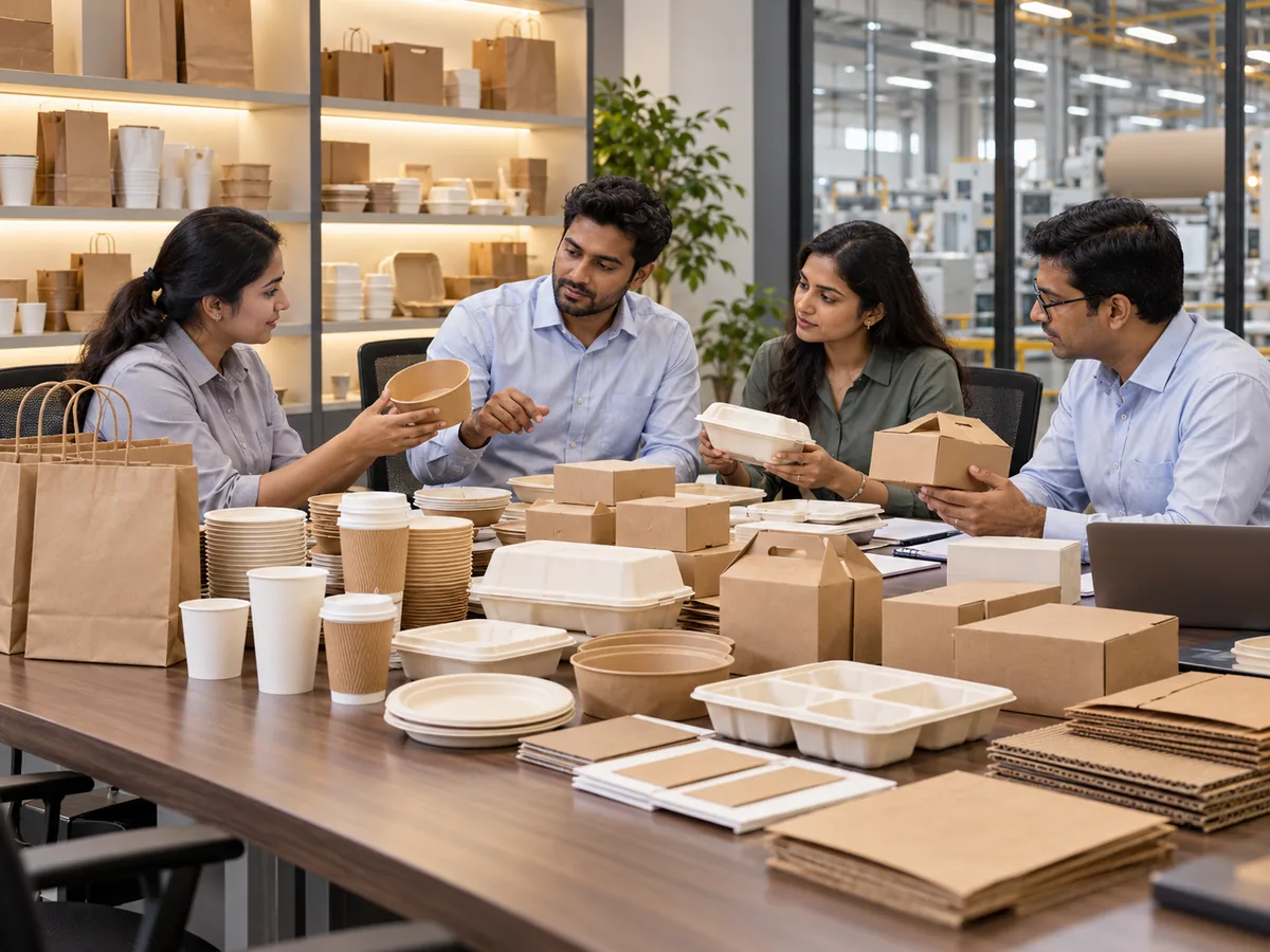 Arrowpack team reviewing a range of paper food packaging
