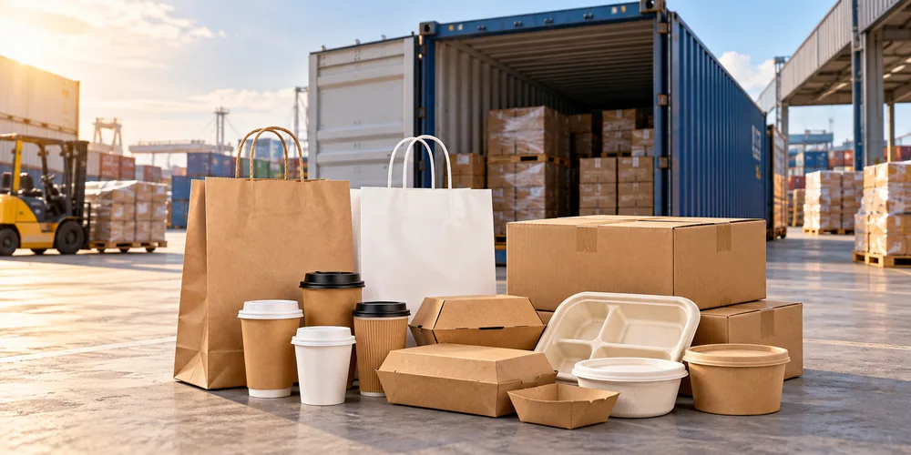 Mixed paper food packaging ready beside an open shipping container