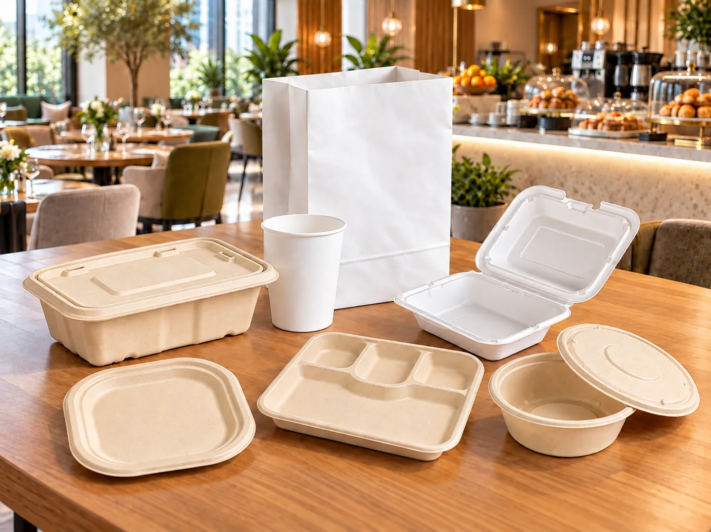 Empty fibre meal trays, plates, bowls and cups in a hotel dining room