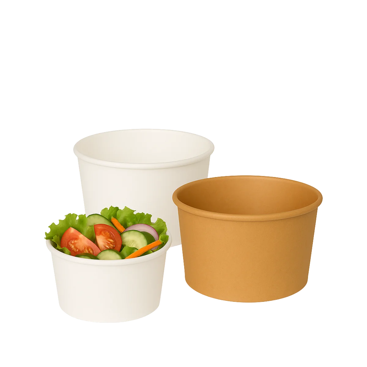 White and kraft salad containers with fresh salad