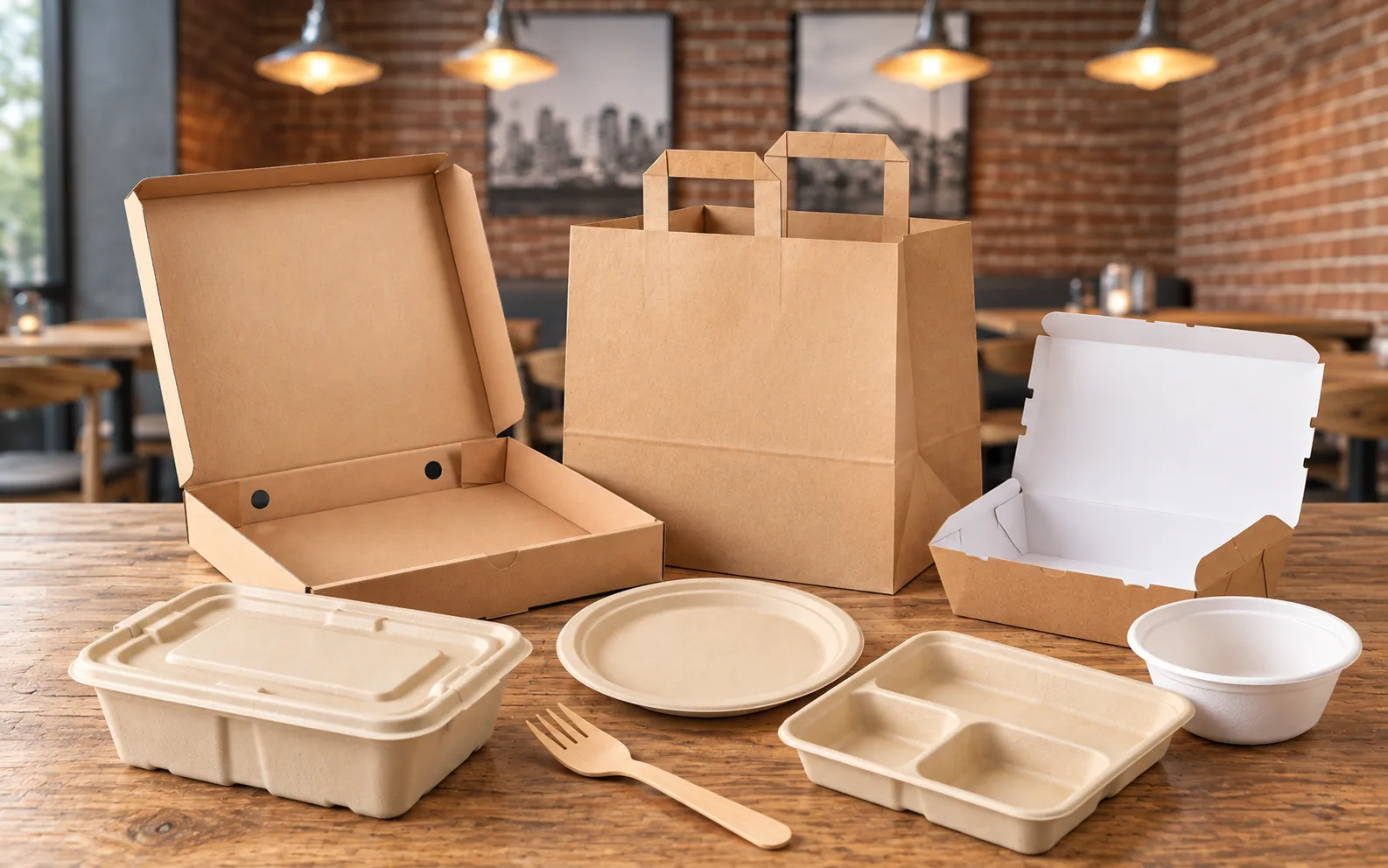Paper boxes, plates, bowls and cups on a restaurant table