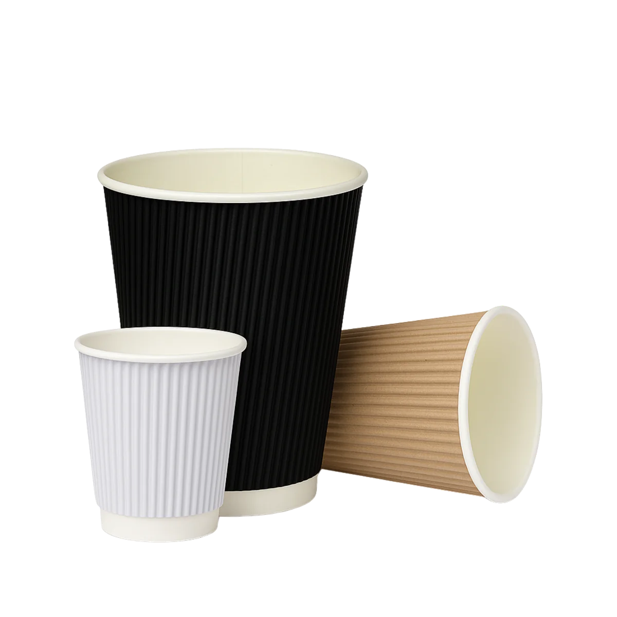Double wall paper cups in white, black and kraft finishes