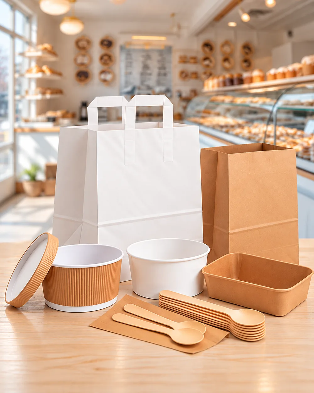 Paper bakery bags, boxes and wooden cutlery on a counter