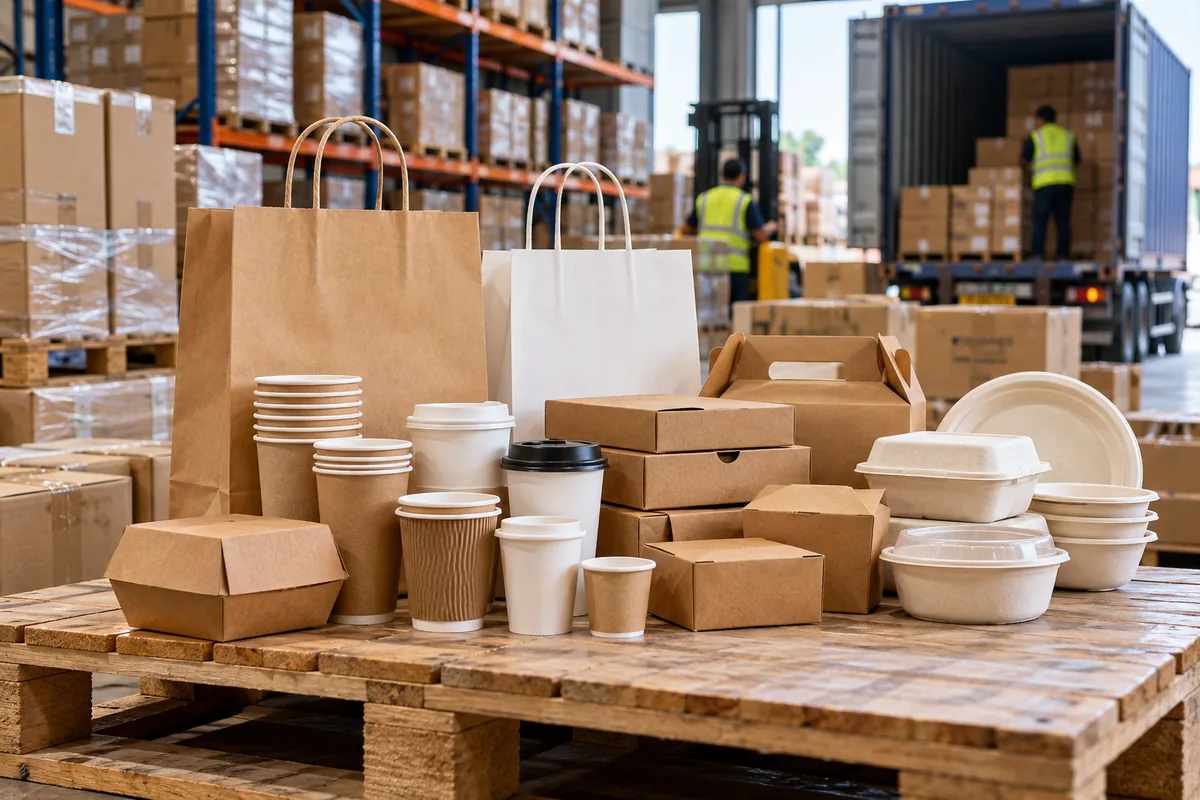 Mixed paper bags, cups, boxes and fibre containers ready for planning