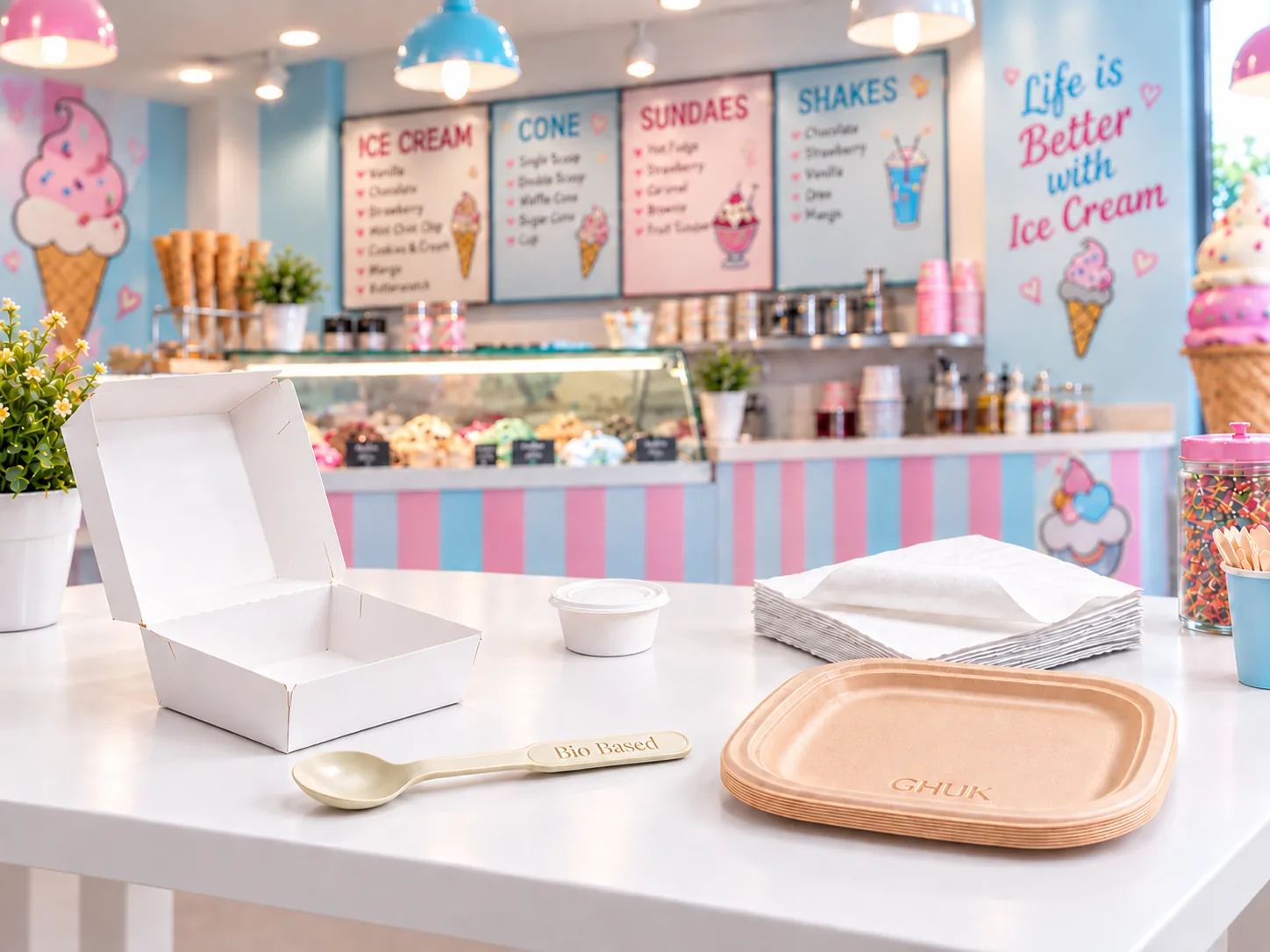 Dessert counter with ice-cream containers and cake boxes