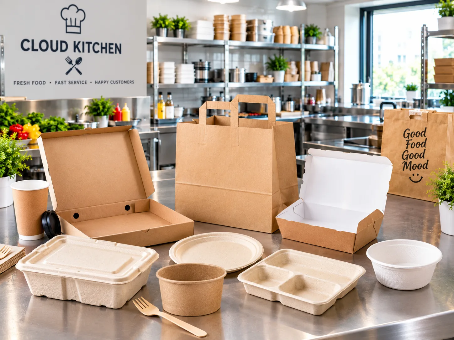 Takeaway boxes, bowls and bags at a cloud kitchen