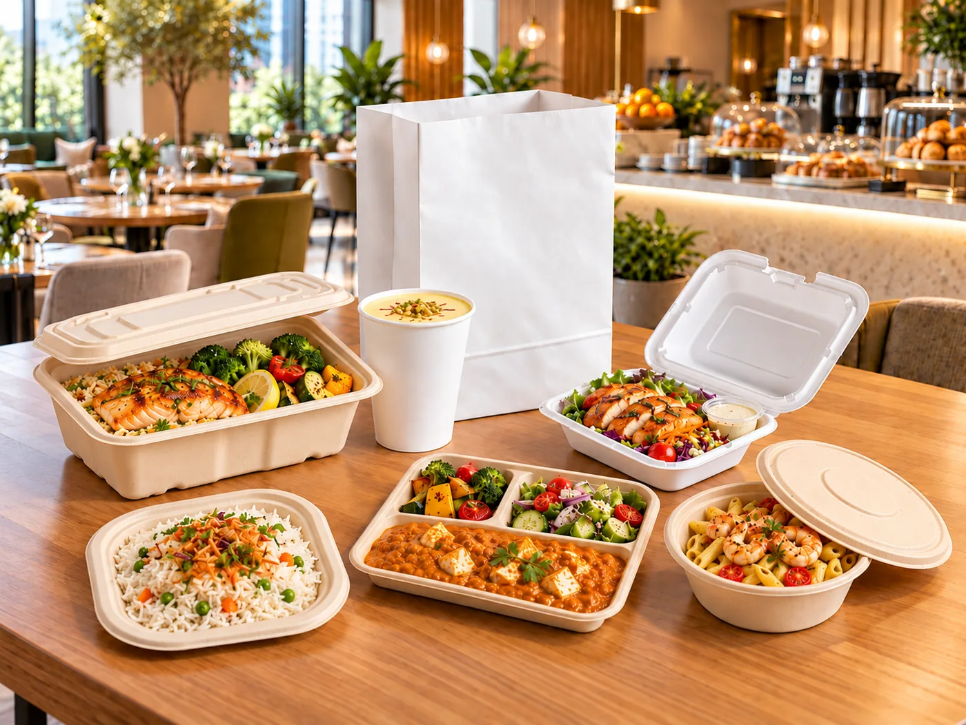 Hotel meal trays, plates and bowls filled with food