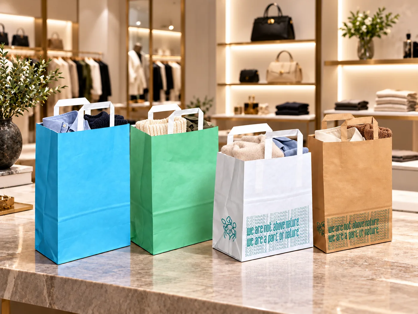 Colourful paper shopping bags filled with retail purchases