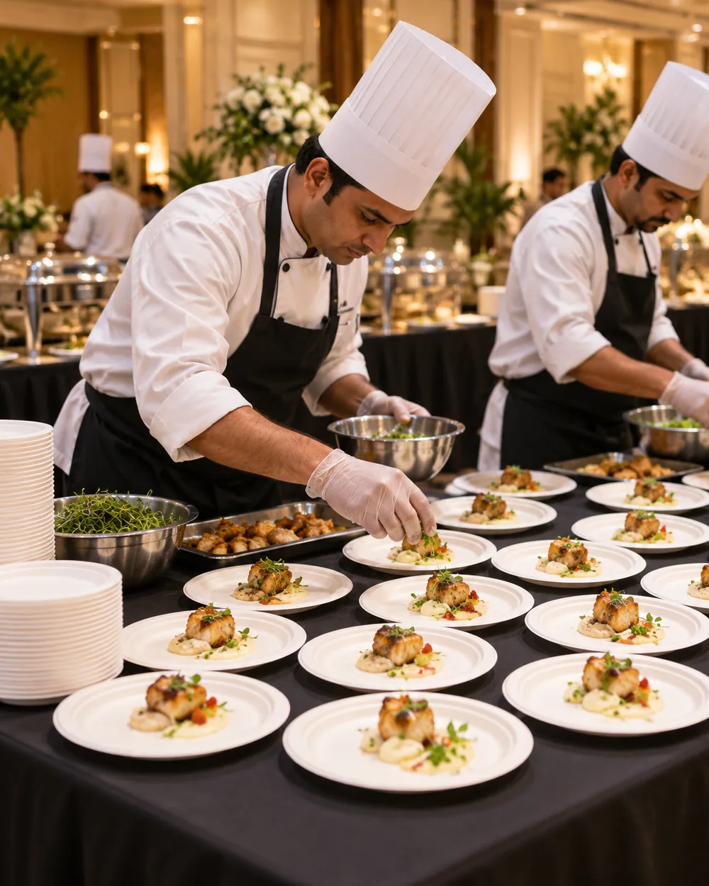 Chef serving catered food on moulded fibre plates