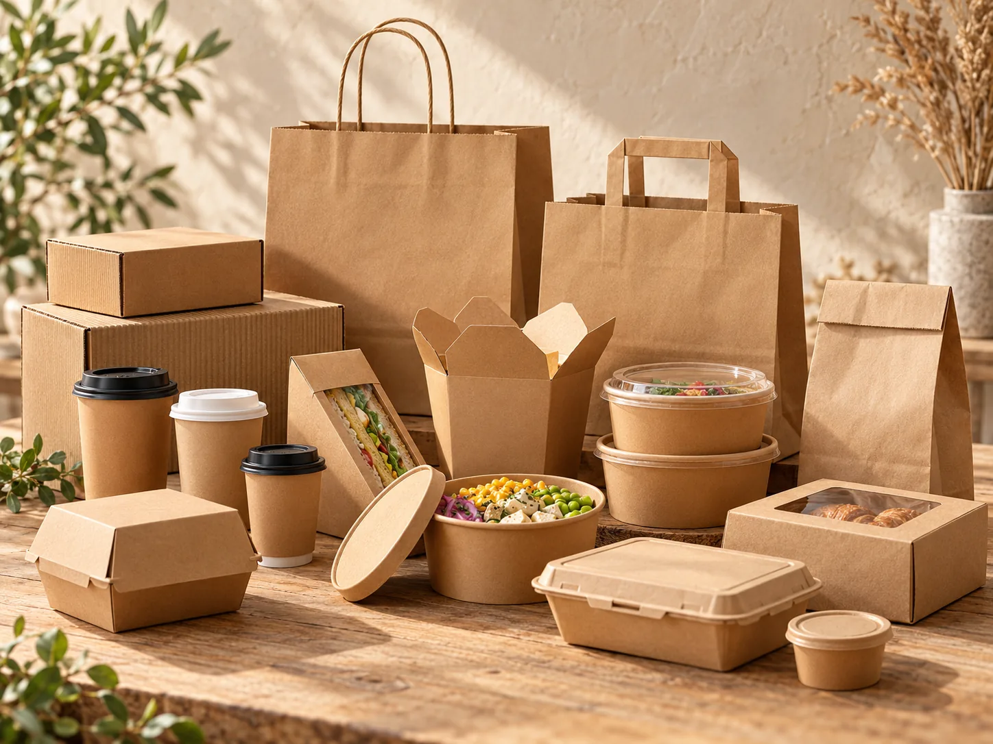 Kraft paper bags, boxes, cups and food containers