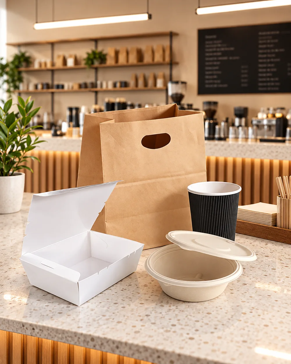 Paper takeaway boxes, cups and bowls on a service counter