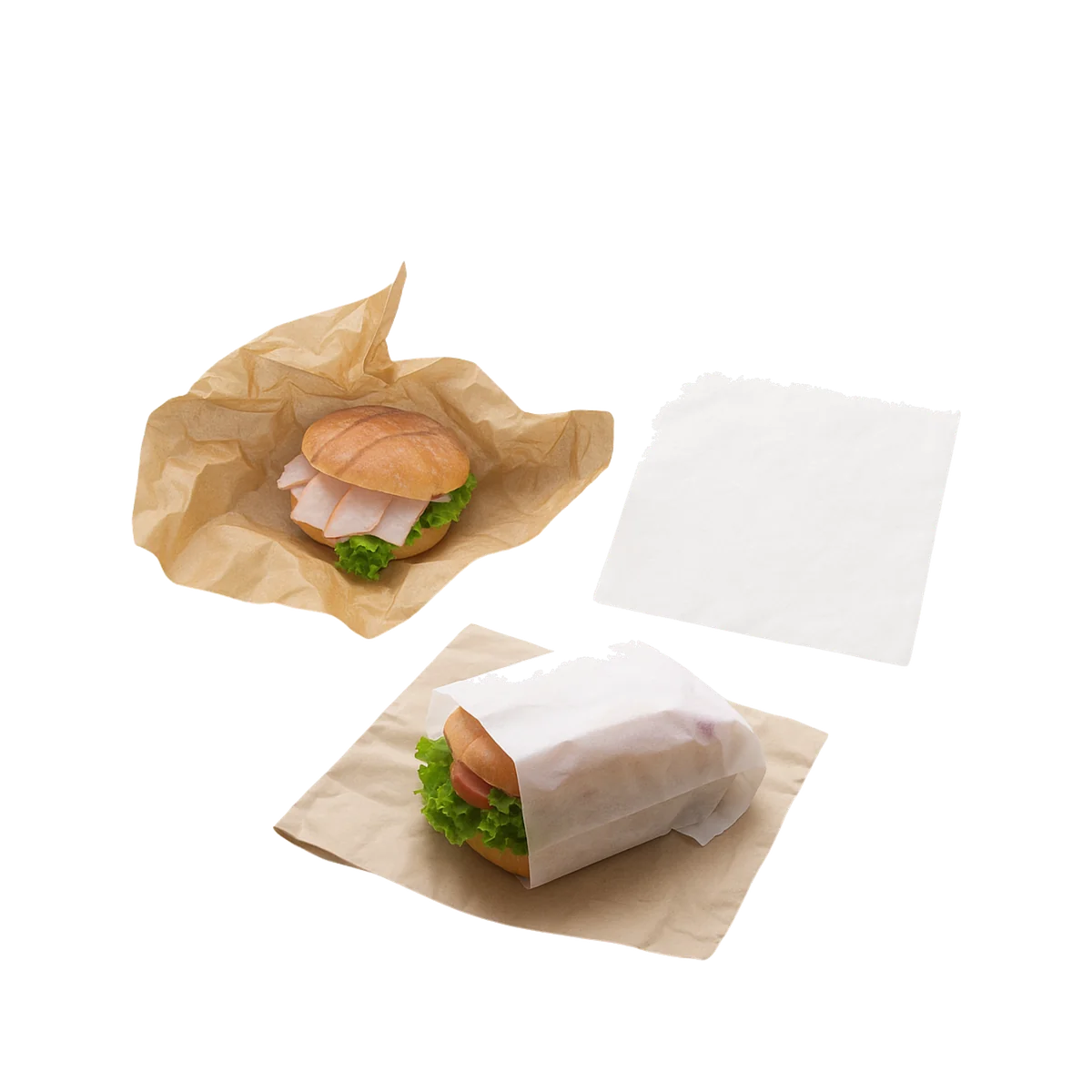 Brown and white grease-proof wrapping paper with food