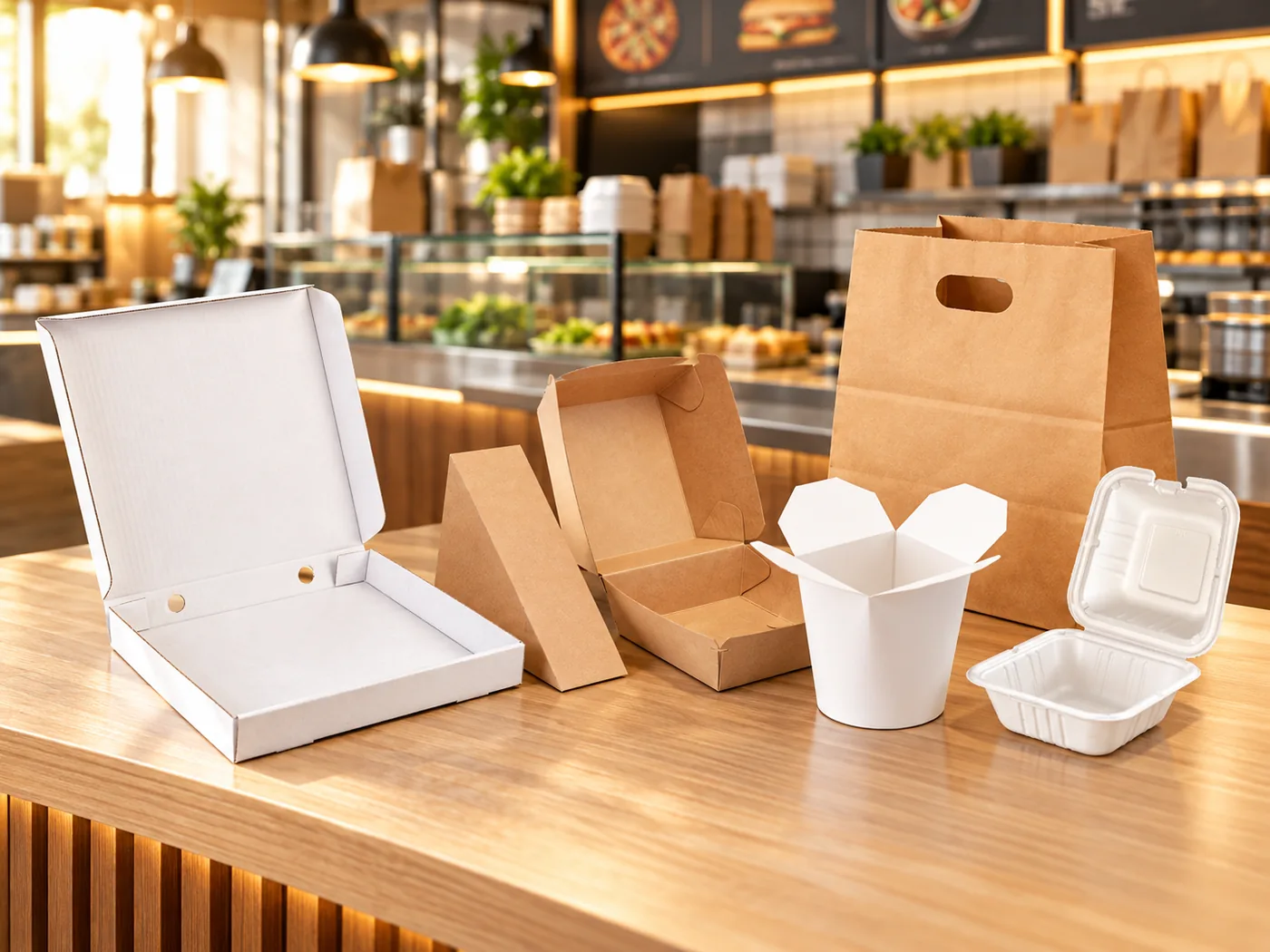 Empty fast-food boxes, cups and clamshells at a quick-service counter