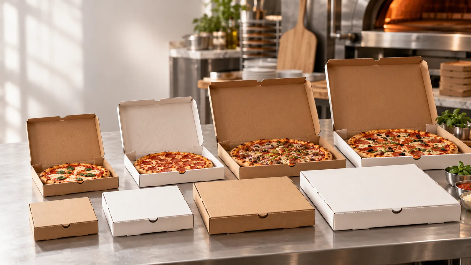 Several pizza box sizes displayed with pizzas