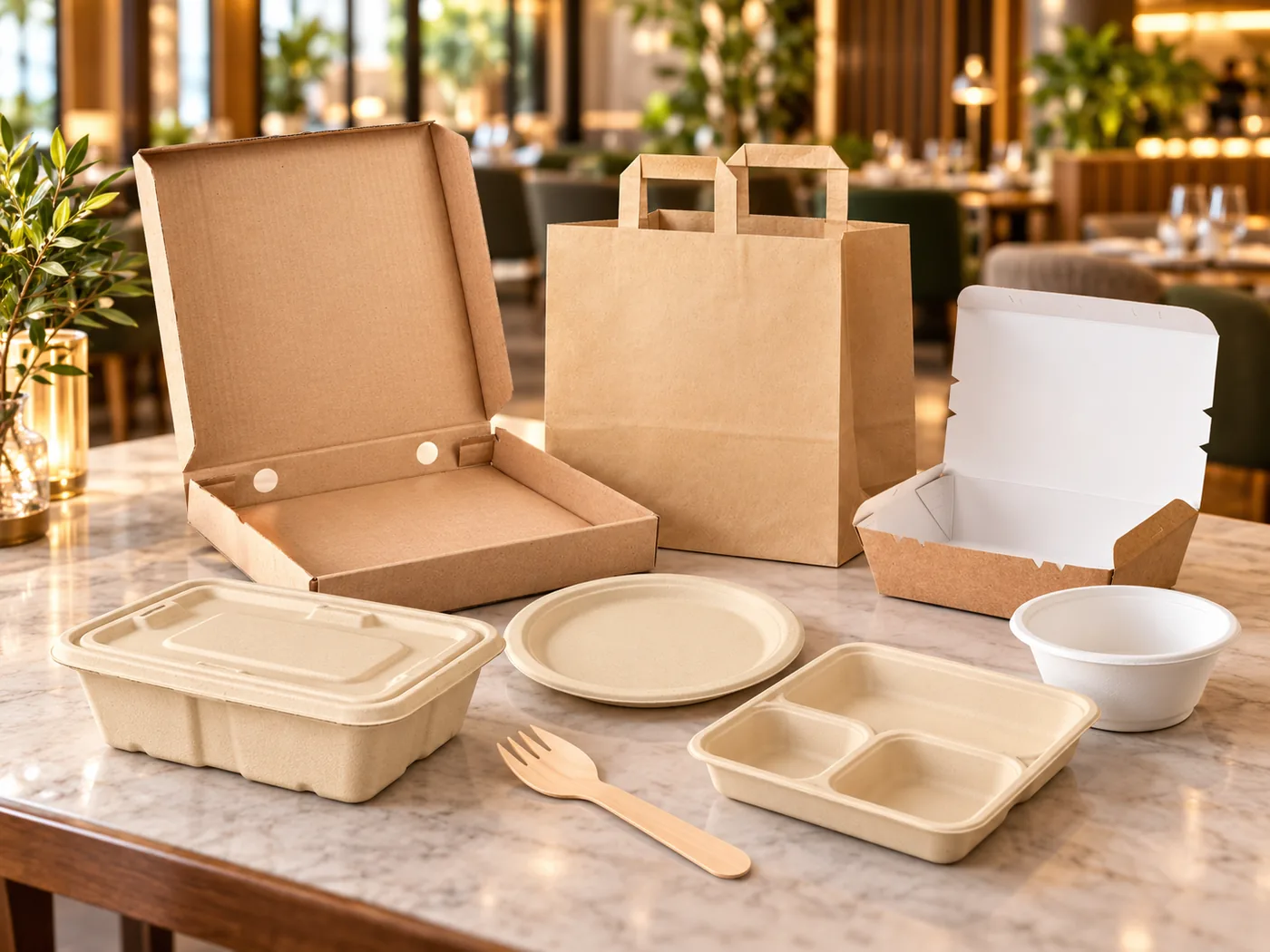 Empty restaurant takeaway boxes, bags and fibre tableware