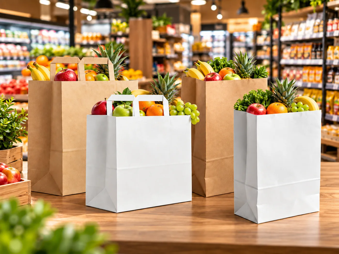Paper supermarket bags filled with fresh groceries