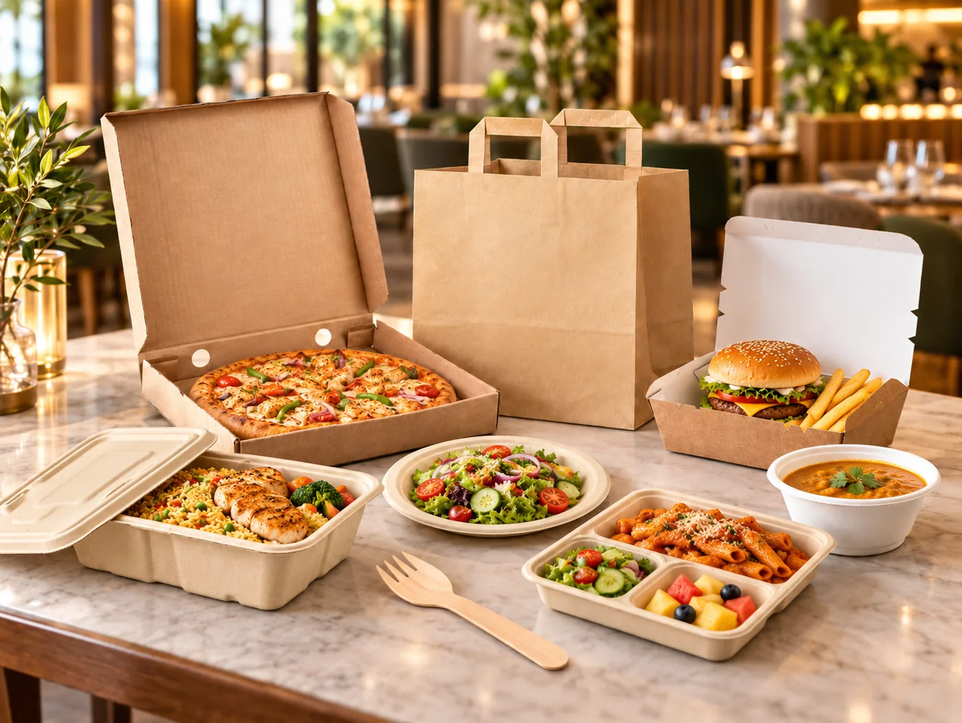 Restaurant takeaway boxes, plates and trays filled with meals