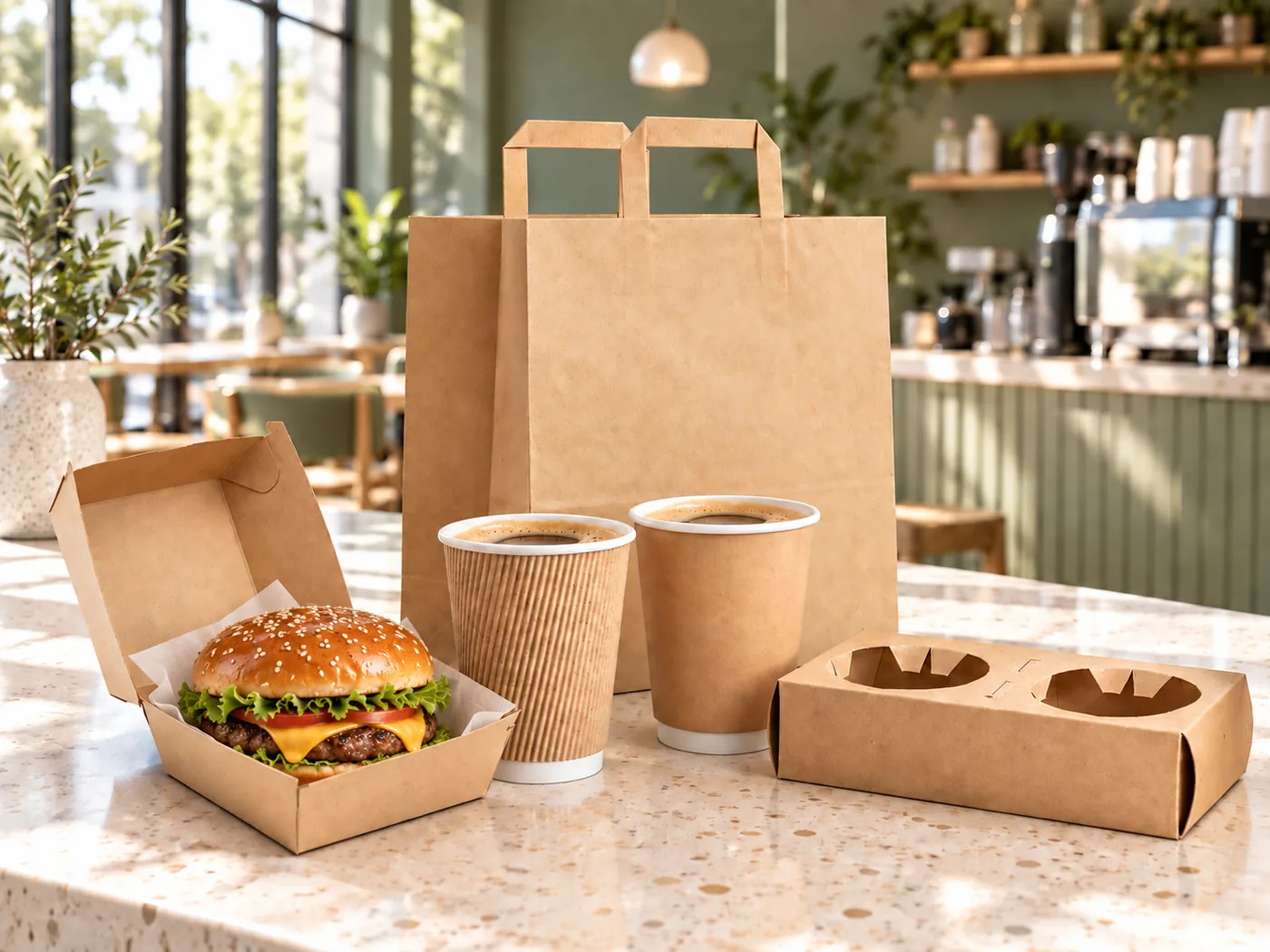 Café cups and paper boxes filled with takeaway food