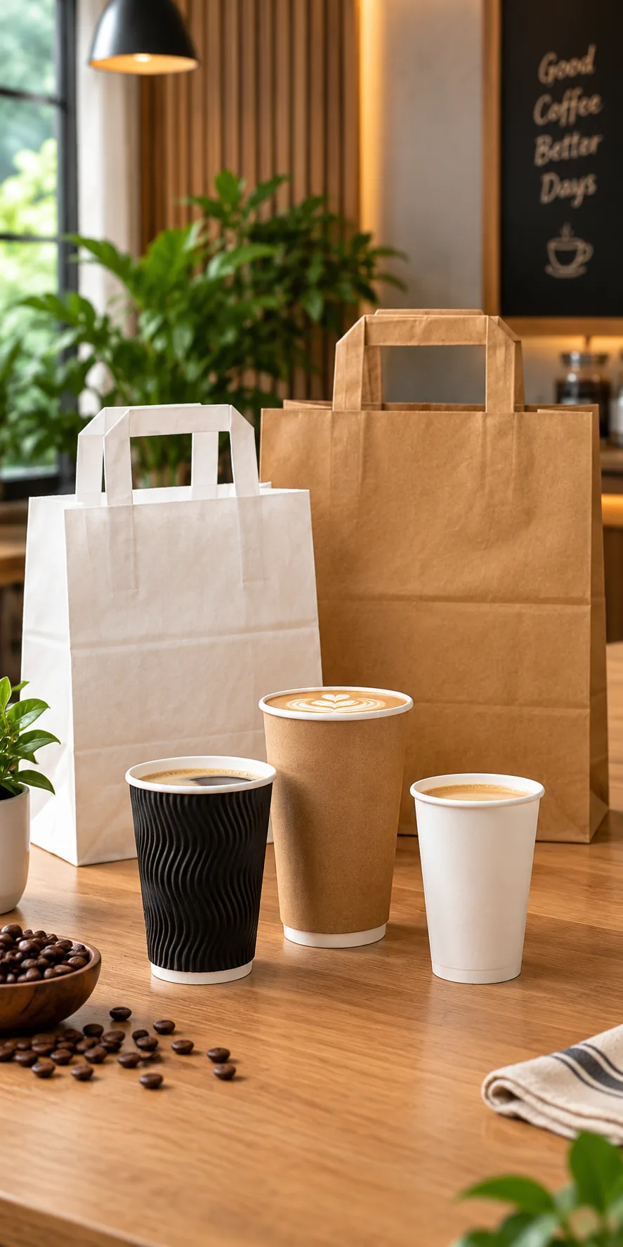 Plain takeaway cups and bags displayed in a café