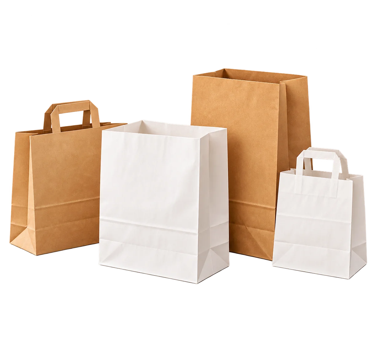 White and brown kraft paper bags in several sizes