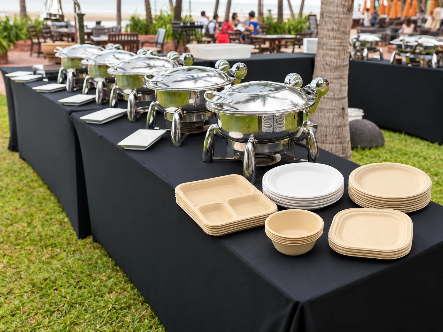 Outdoor corporate catering table with fibre plates and meal trays