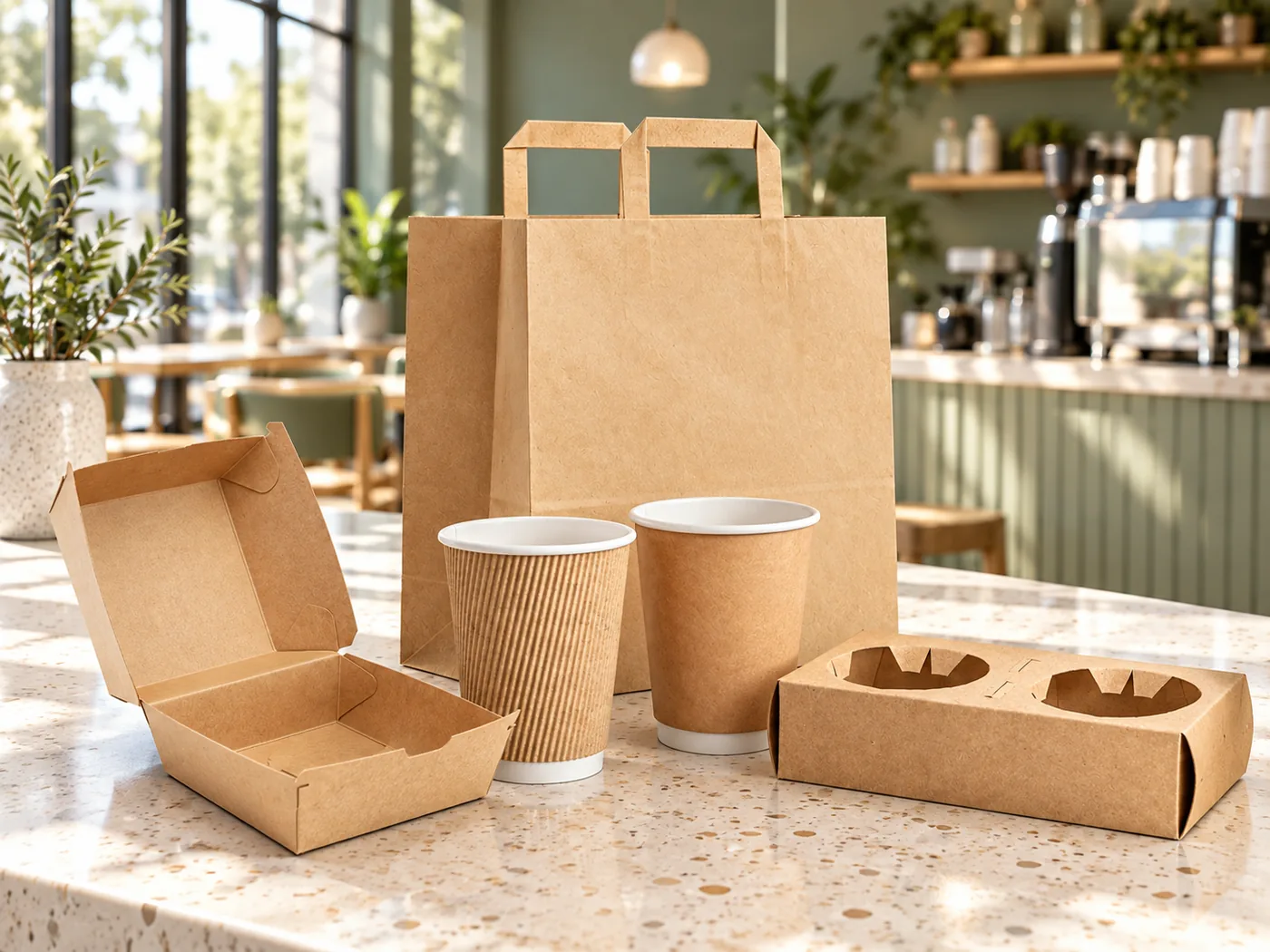 Empty paper cups, carry bag and food boxes at a café counter