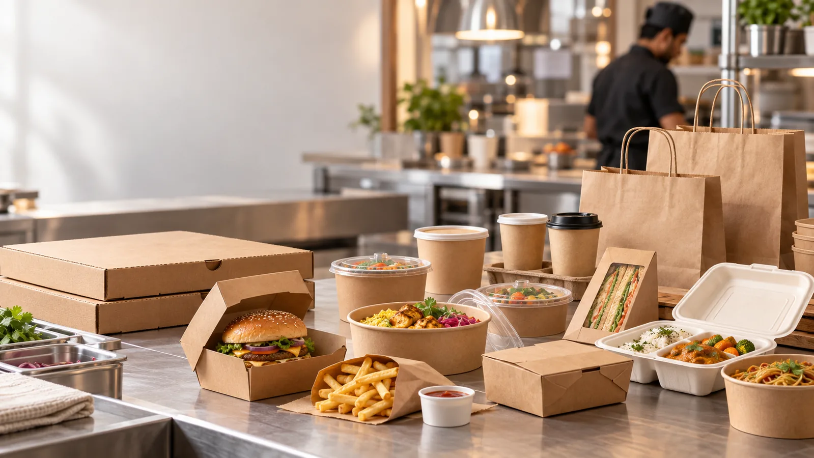 Cloud-kitchen packaging range with prepared takeaway food