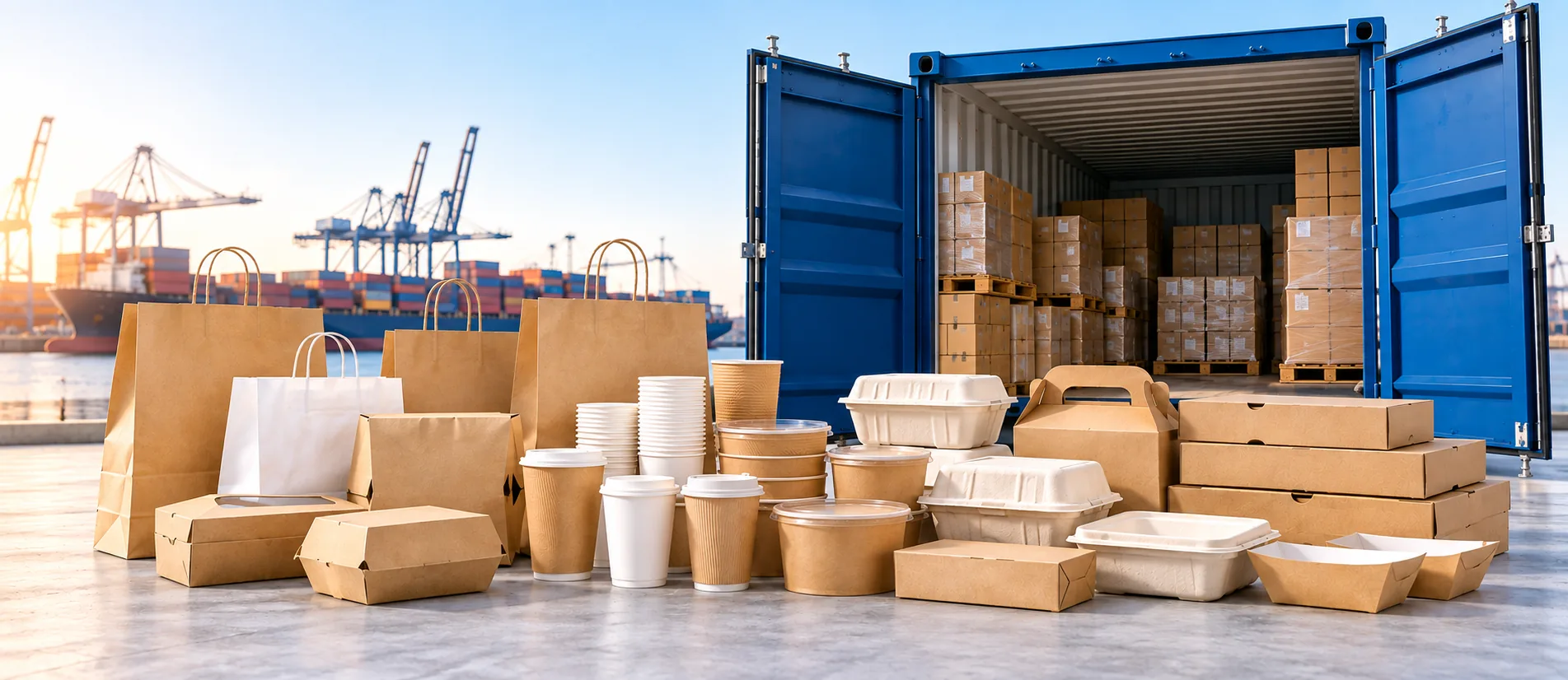 Mixed paper packaging range arranged outside an open shipping container