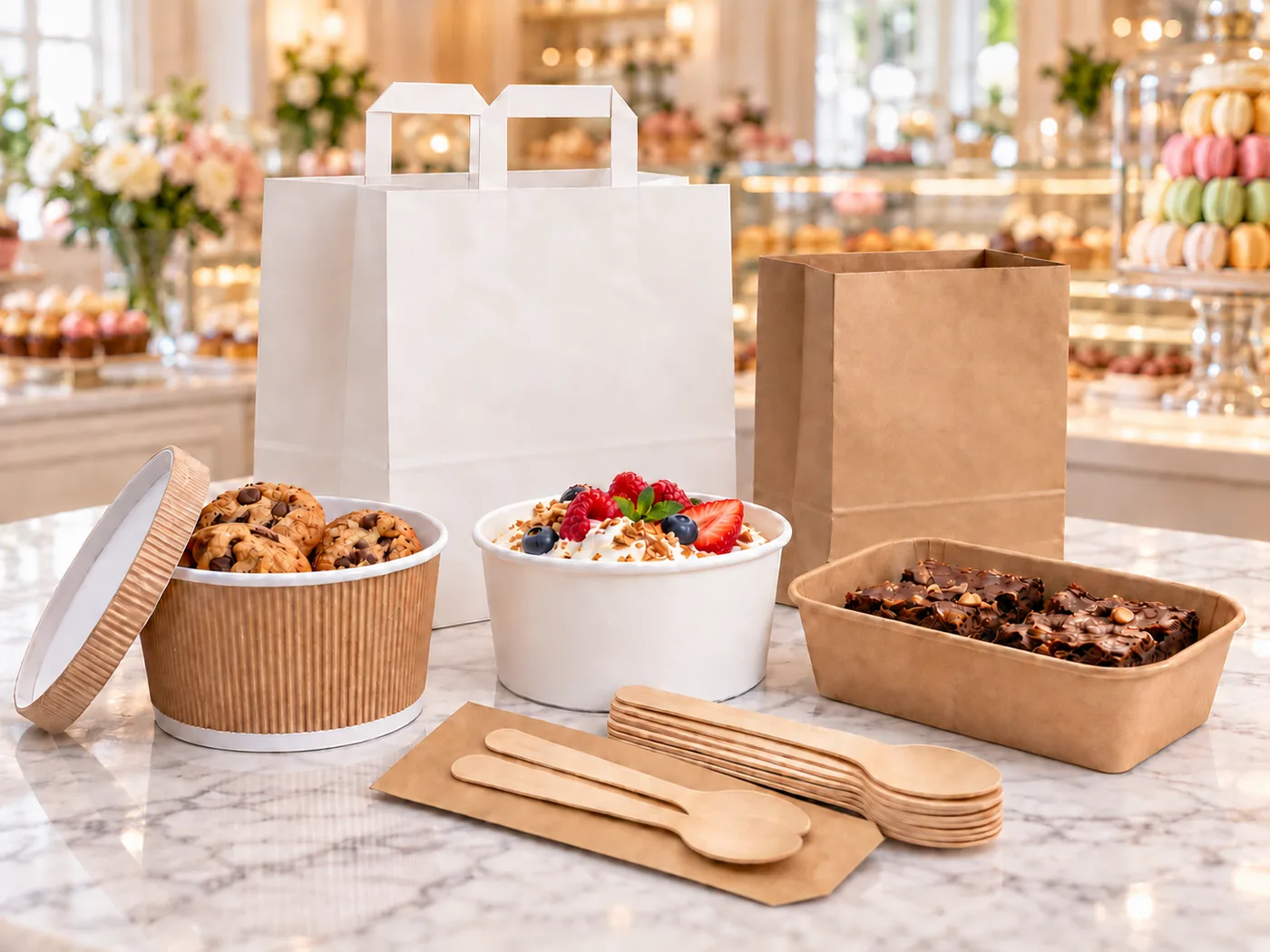 Bakery bags, bowls and trays filled with baked goods