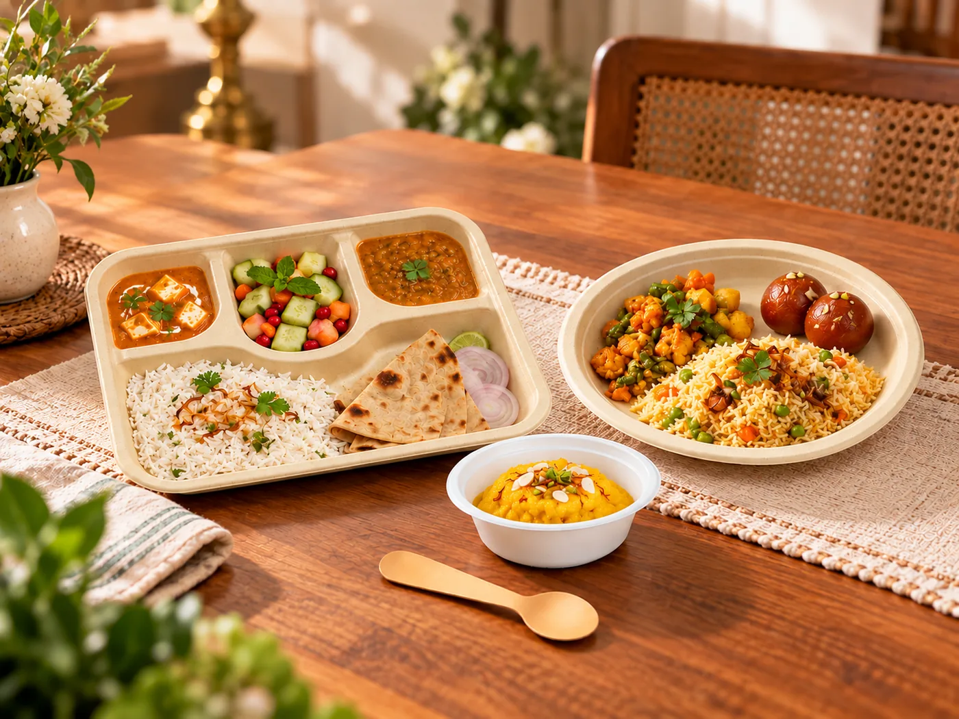 Fibre plates, bowls and trays filled for event catering