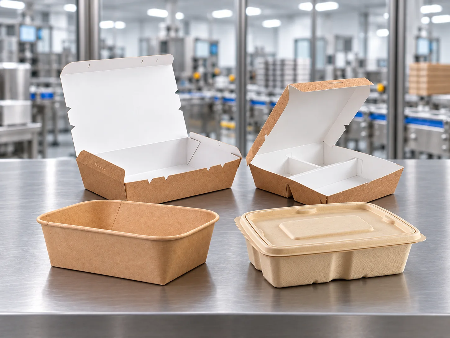 Paper food boxes and fibre trays in a production setting