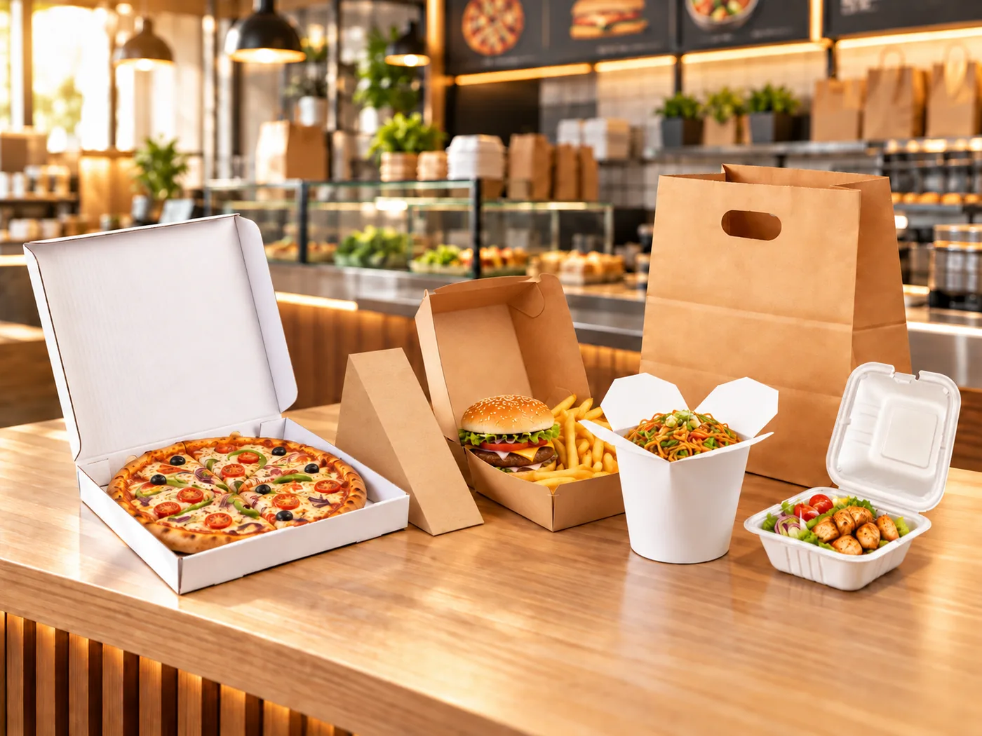 Fast-food boxes and trays filled with pizza, burgers and fries