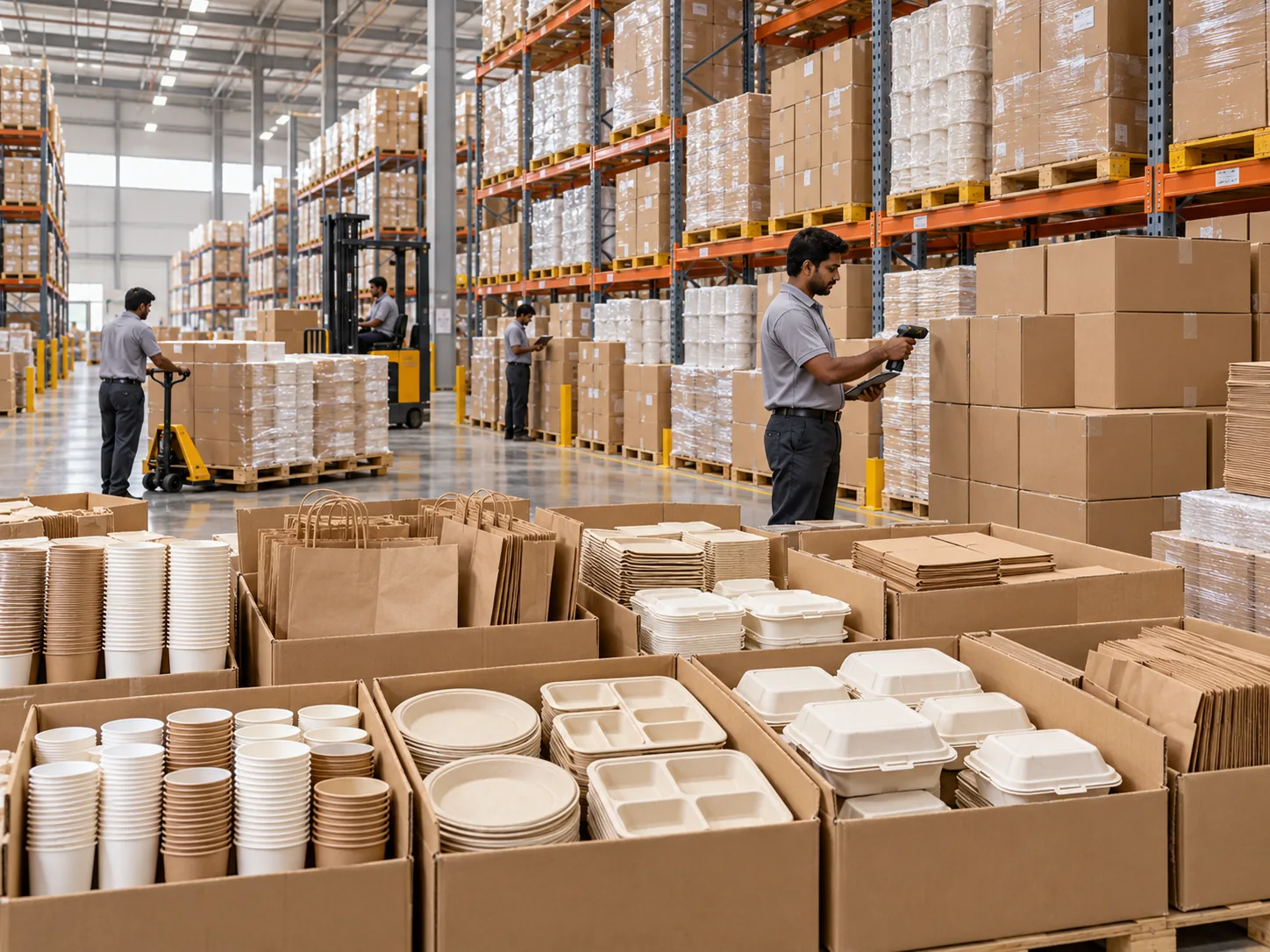 Paper packaging inventory arranged in a warehouse aisle