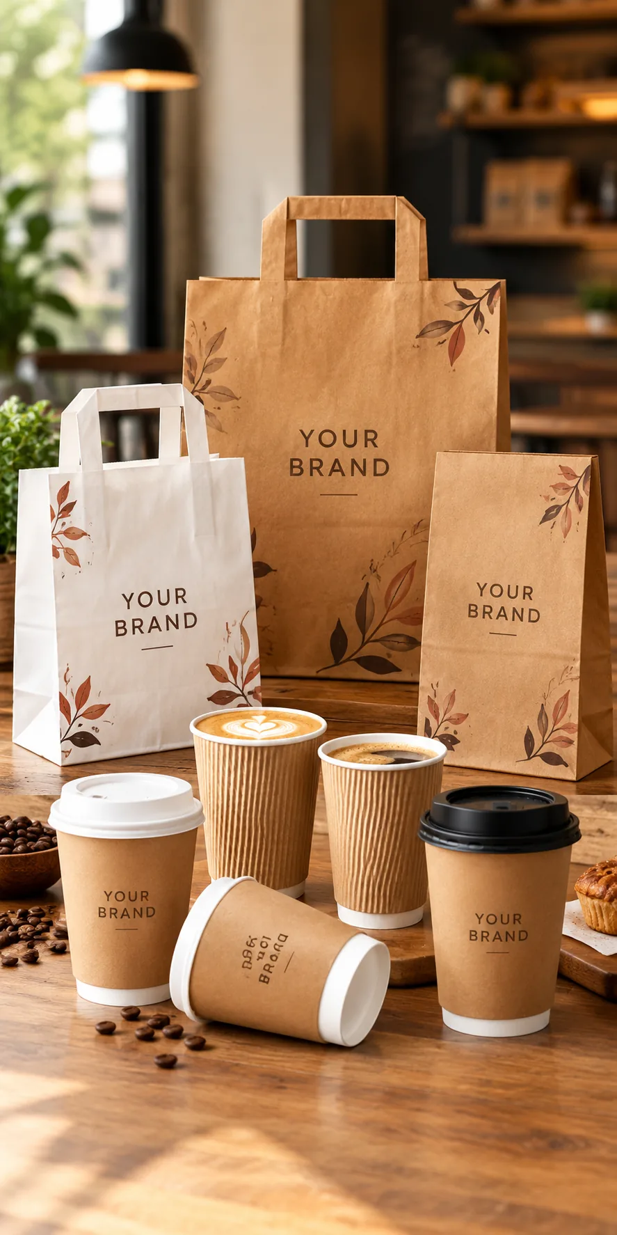 Custom printed takeaway cups and bags displayed in a café