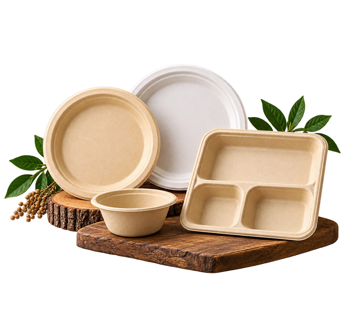 Bagasse plates, bowls, trays and compartment tableware