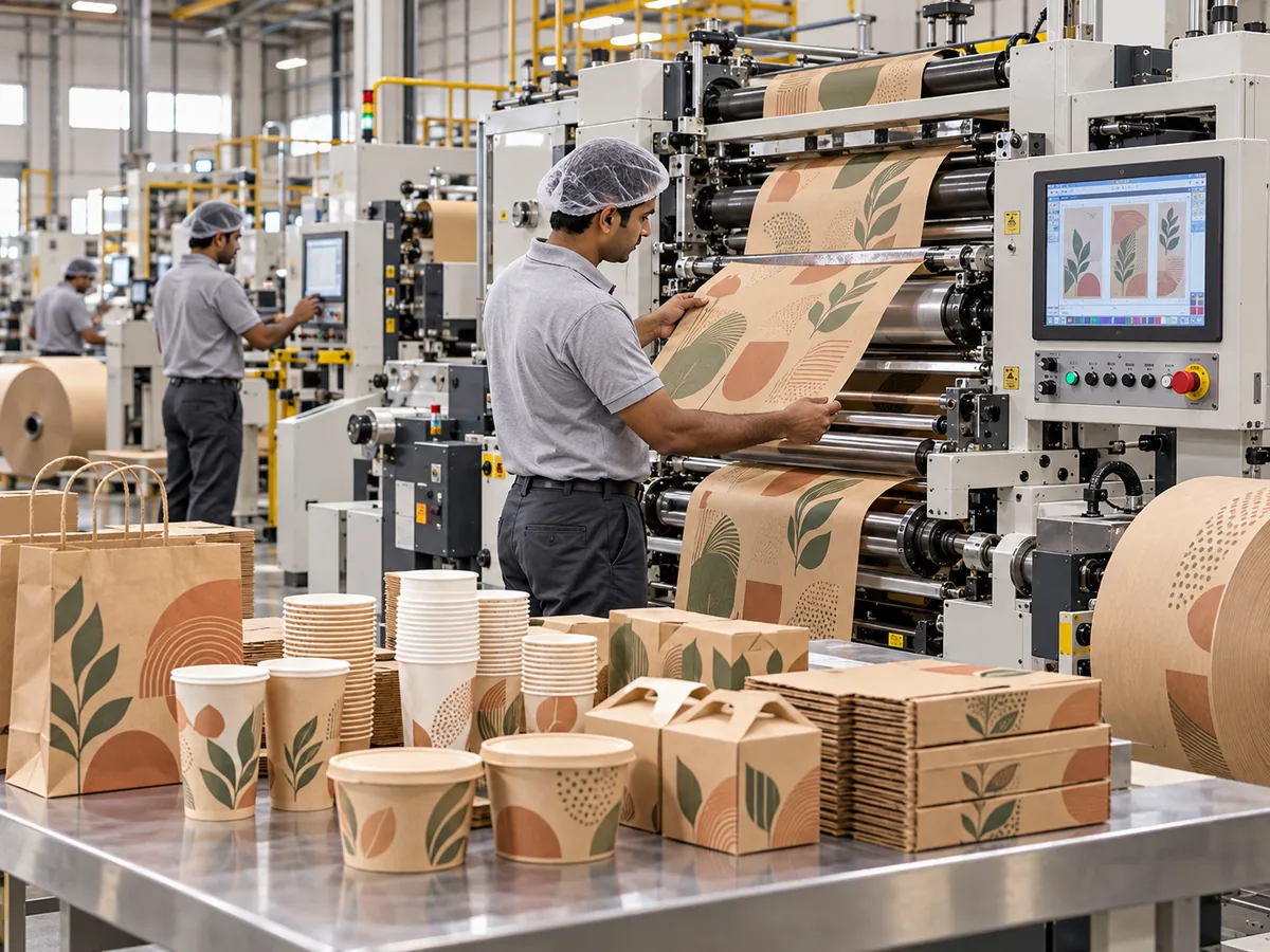 Packaging production team checking a custom printed paper bag