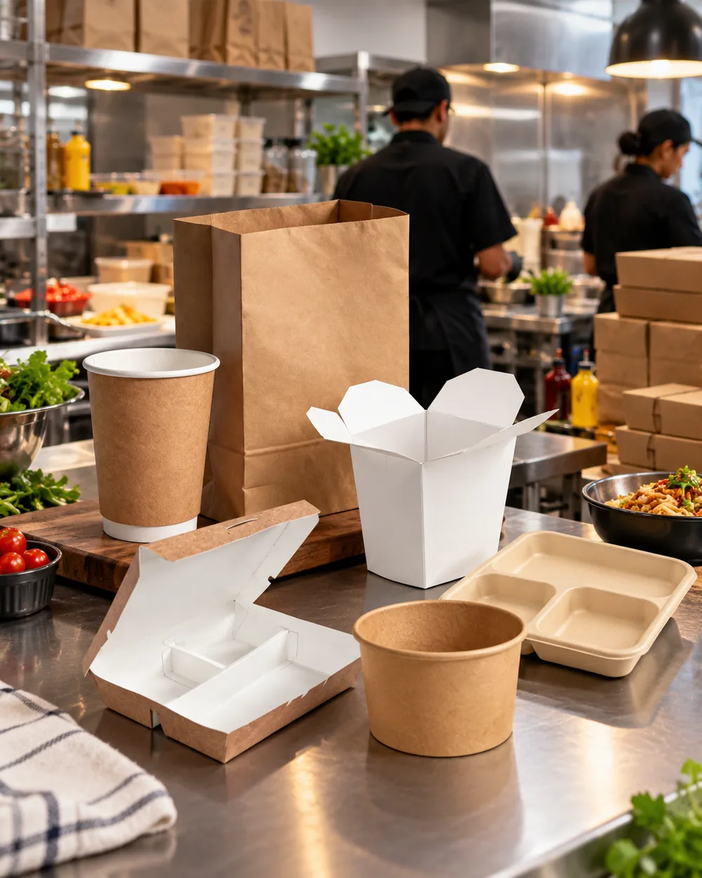 Food boxes, bowls and cups at a busy cloud-kitchen counter