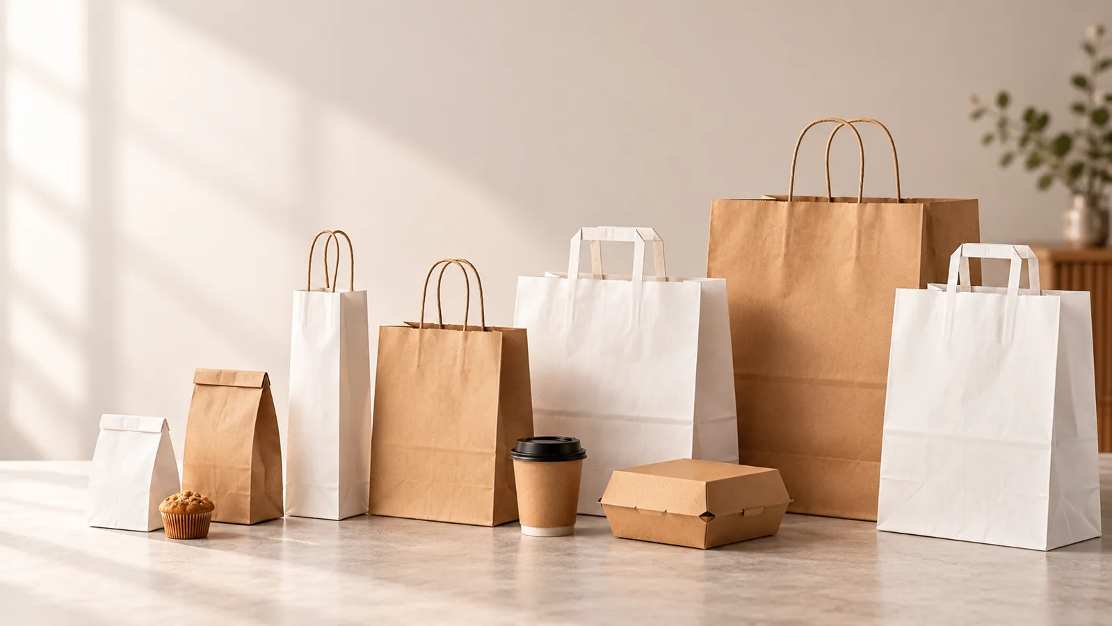 Paper carry bags in kraft and white finishes