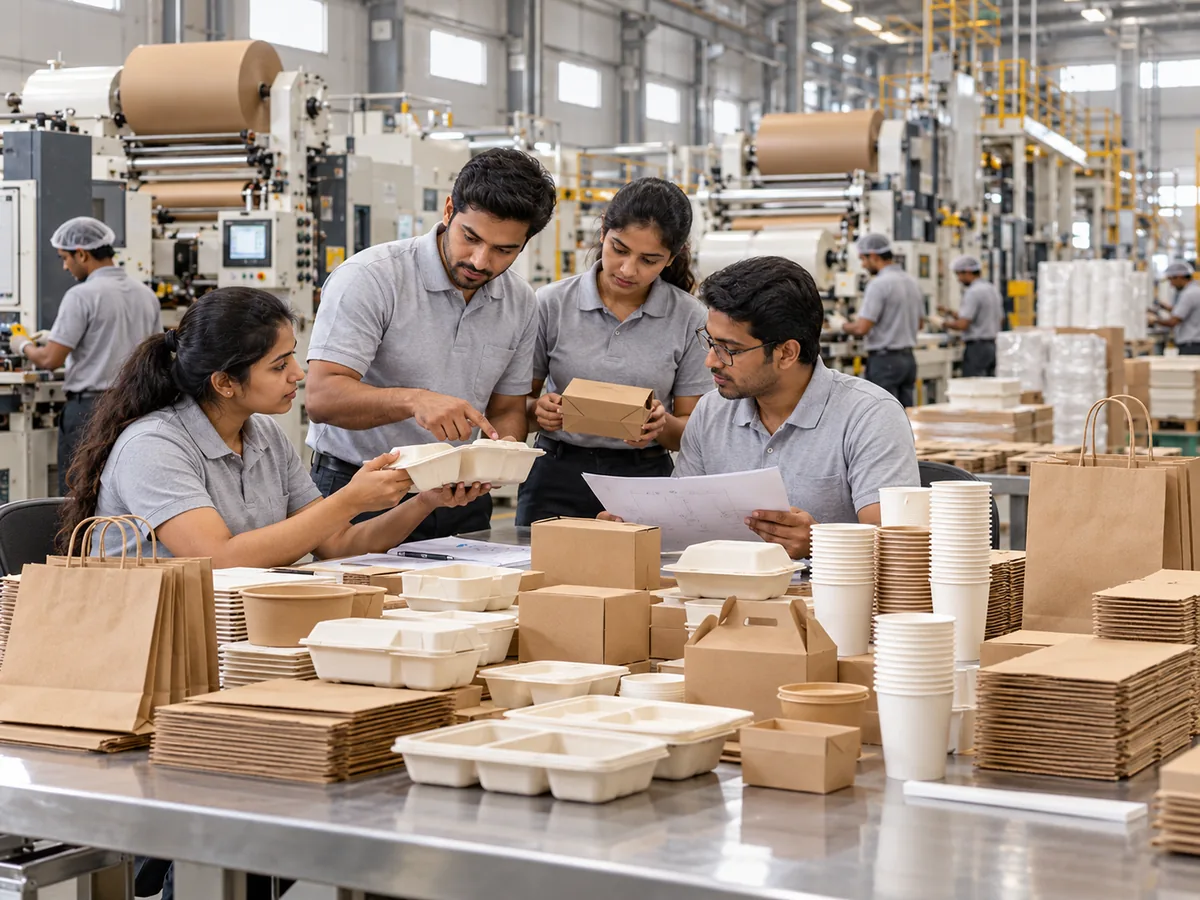 Arrowpack team collaborating around paper packaging samples