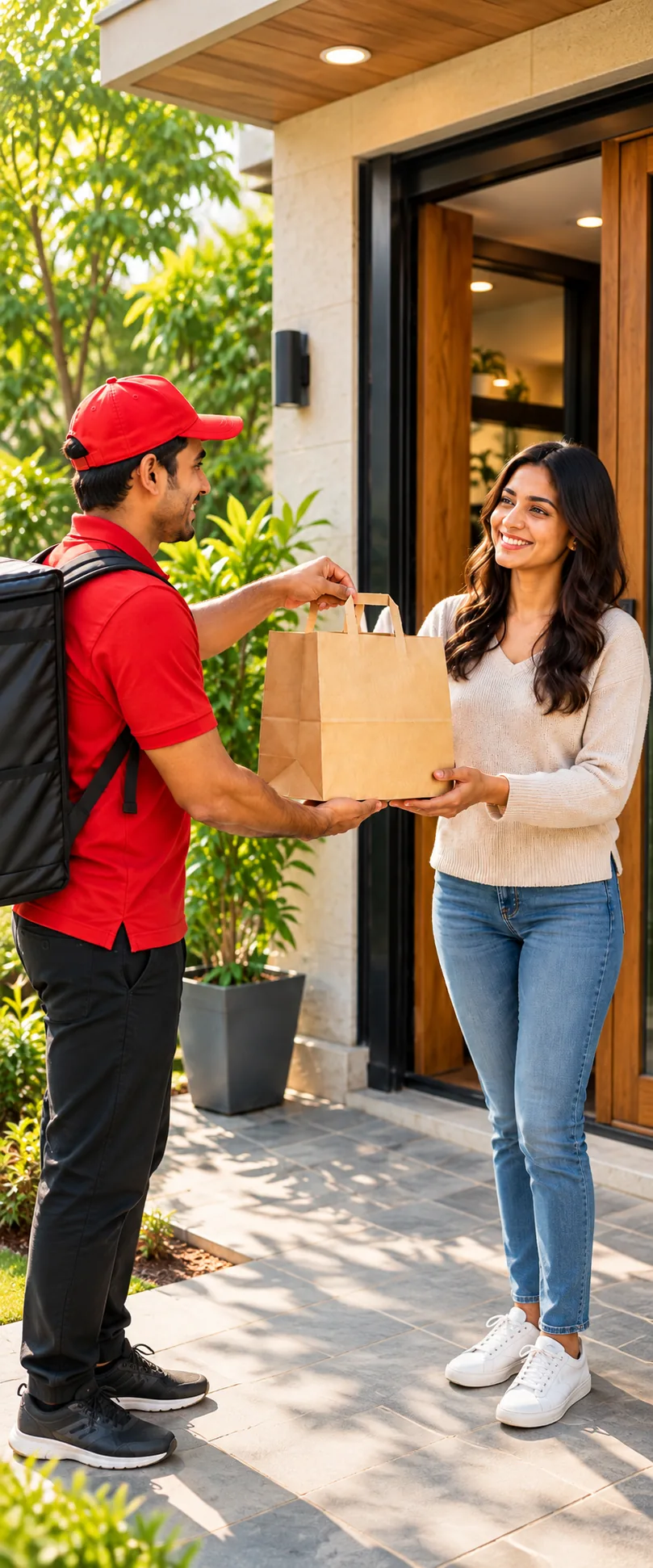 Customer receiving a paper takeaway bag at the door