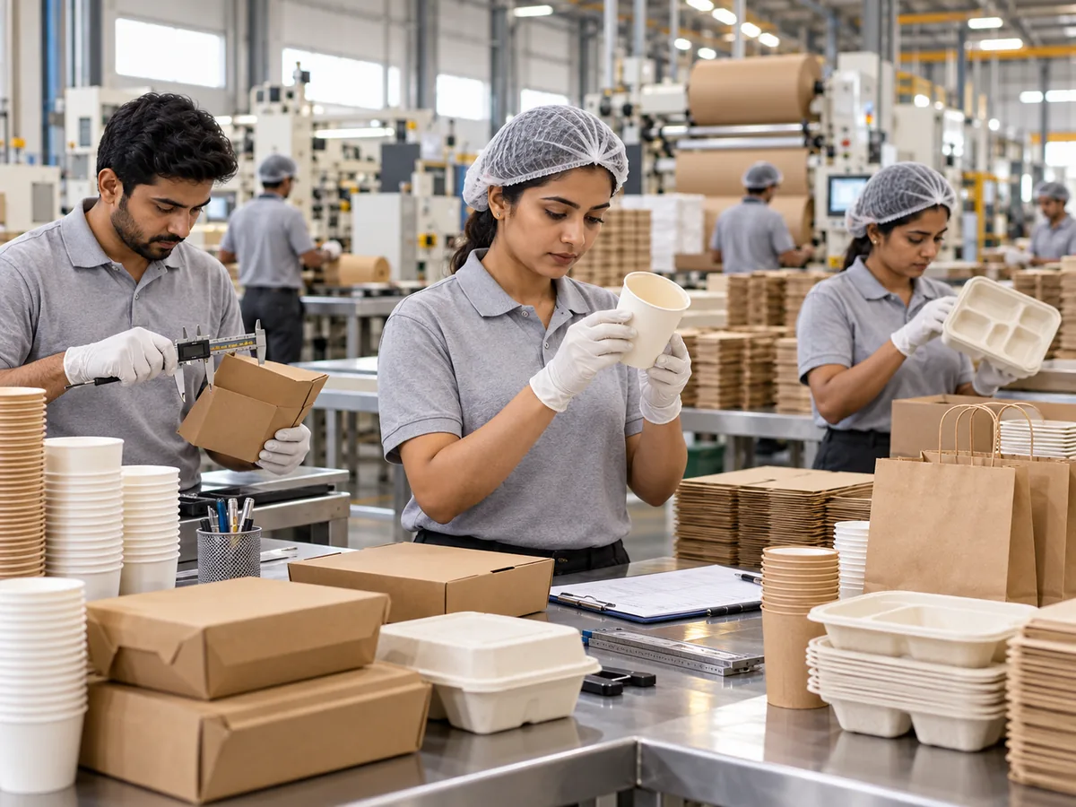 Quality team inspecting paper food containers on a production line