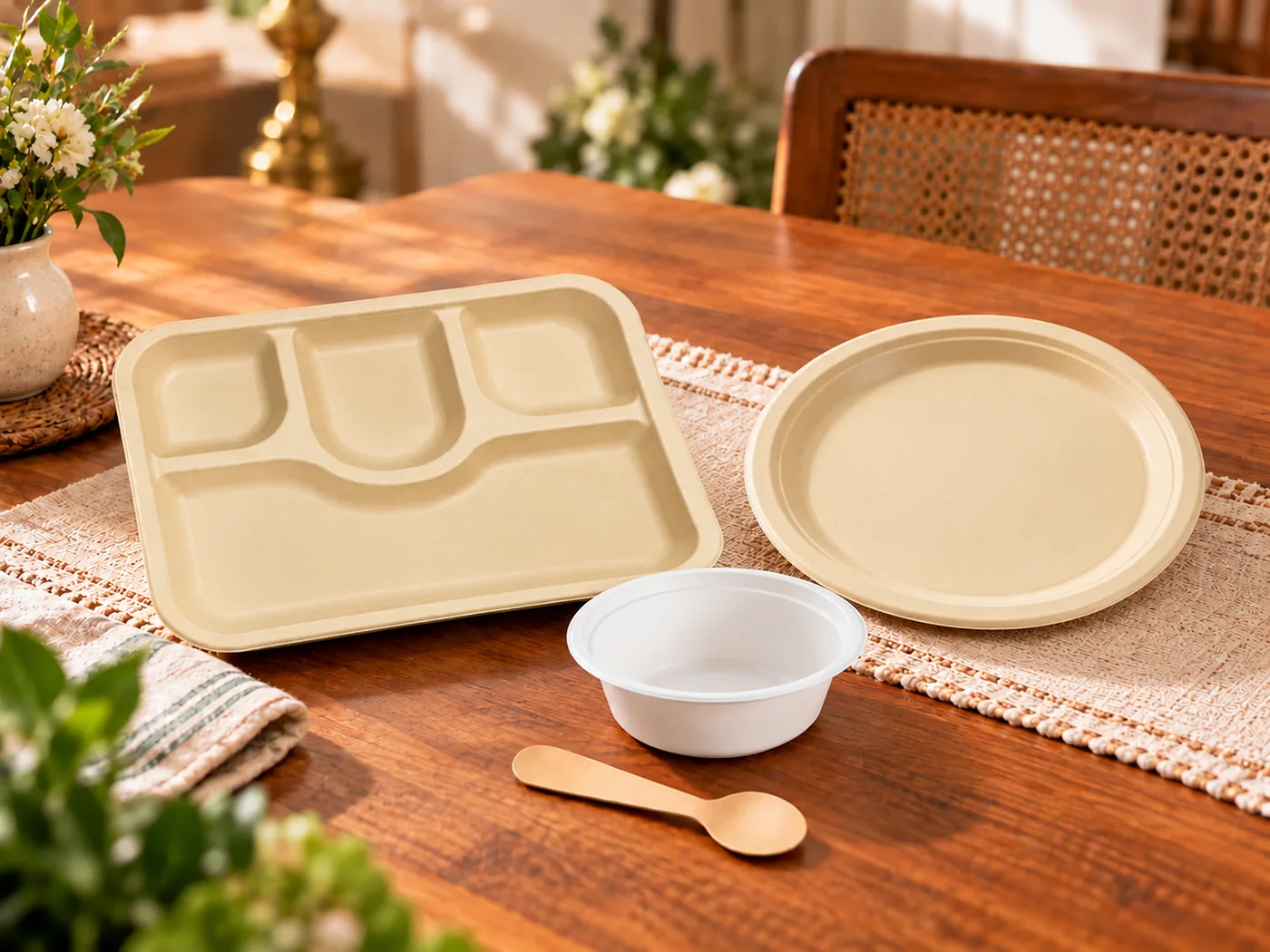 Empty fibre plates, bowls and meal trays at an event table