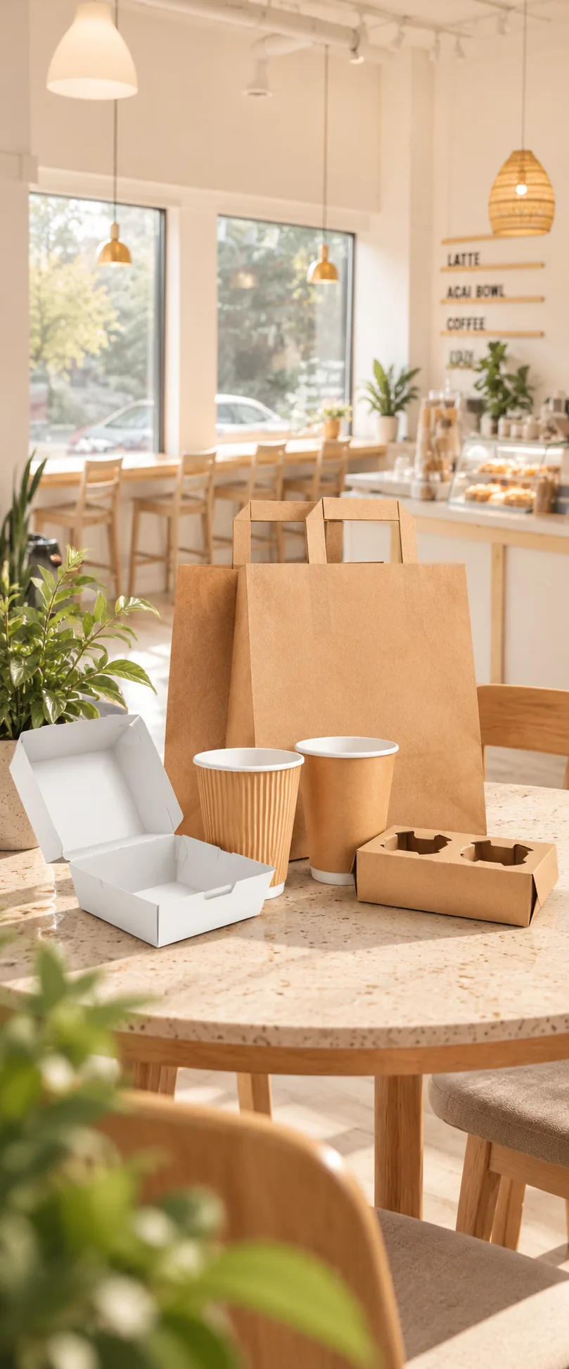 Paper cups and bags at a bright coffee shop counter