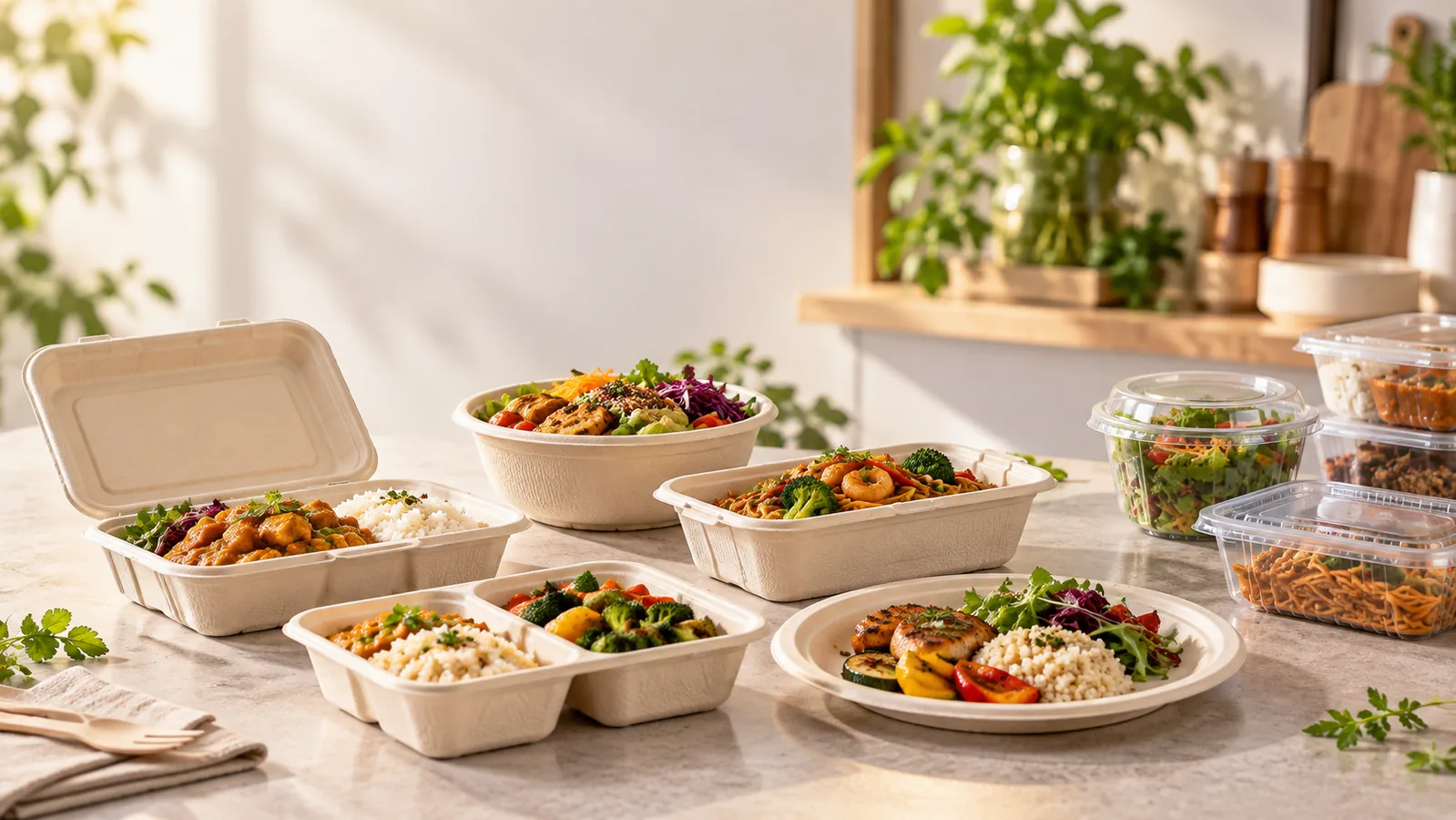 Prepared meals served in moulded fibre food containers