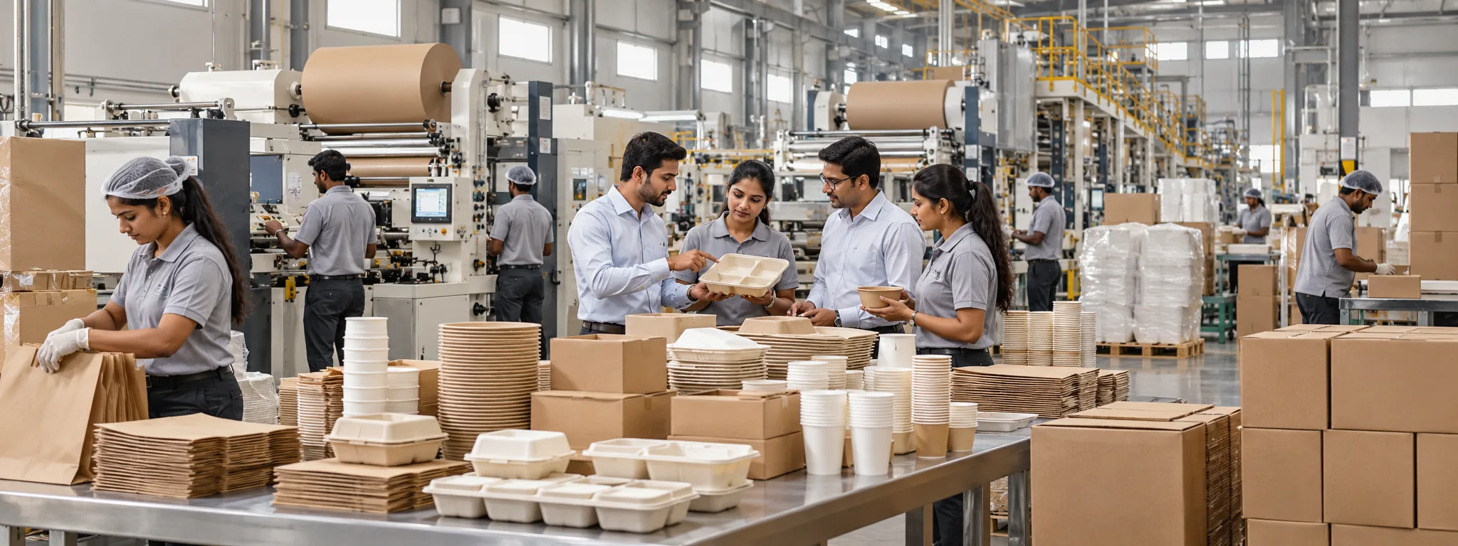 Arrowpack team working together across a paper packaging production floor