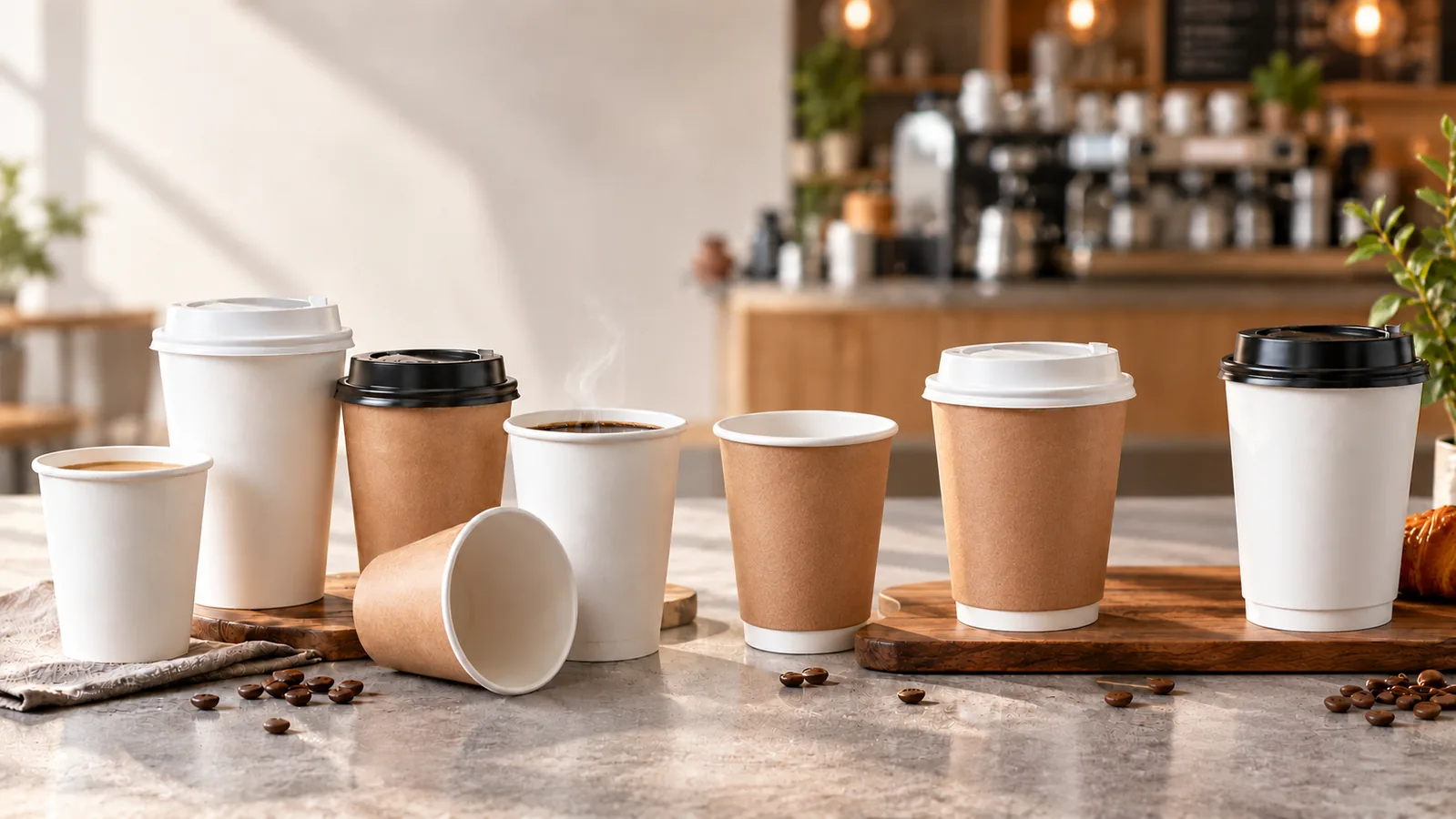 Single, double and ripple wall paper cups with lids