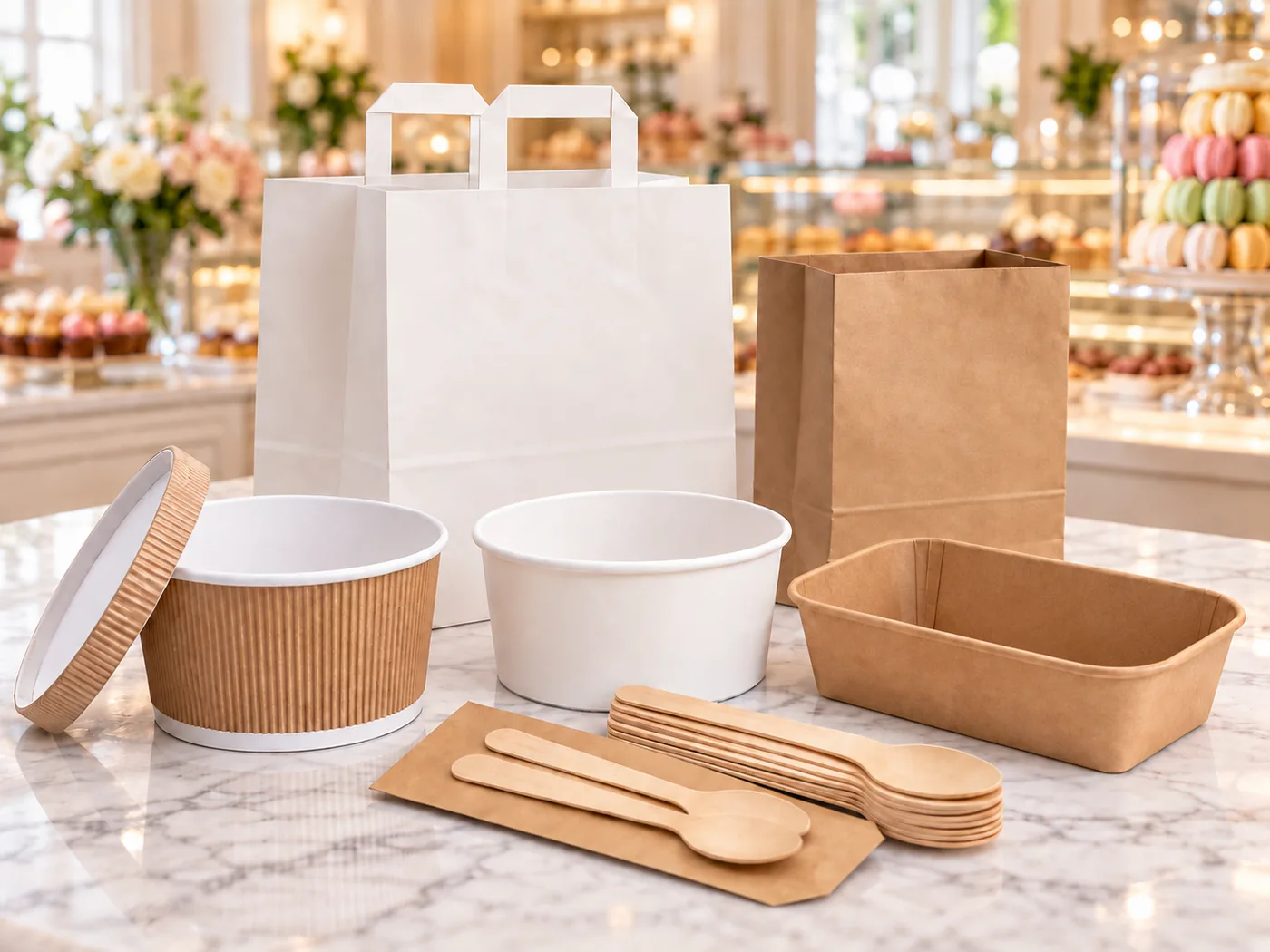 Empty bakery bags, bowls, trays and wooden cutlery on a counter